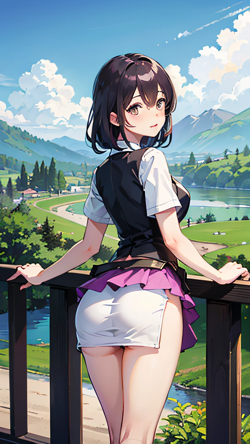masterpiece, top-quality,1girl in, (full bodyesbian:1.2), 独奏,scenery background, landscapes,Long shot,Clear face、(a miniskirt、upturned ass、light skinned、kawaii、Embarrassing、Super beauty、Upturned、Get on all fours with your big butt sticking out towards the viewer、While staring at the viewer)