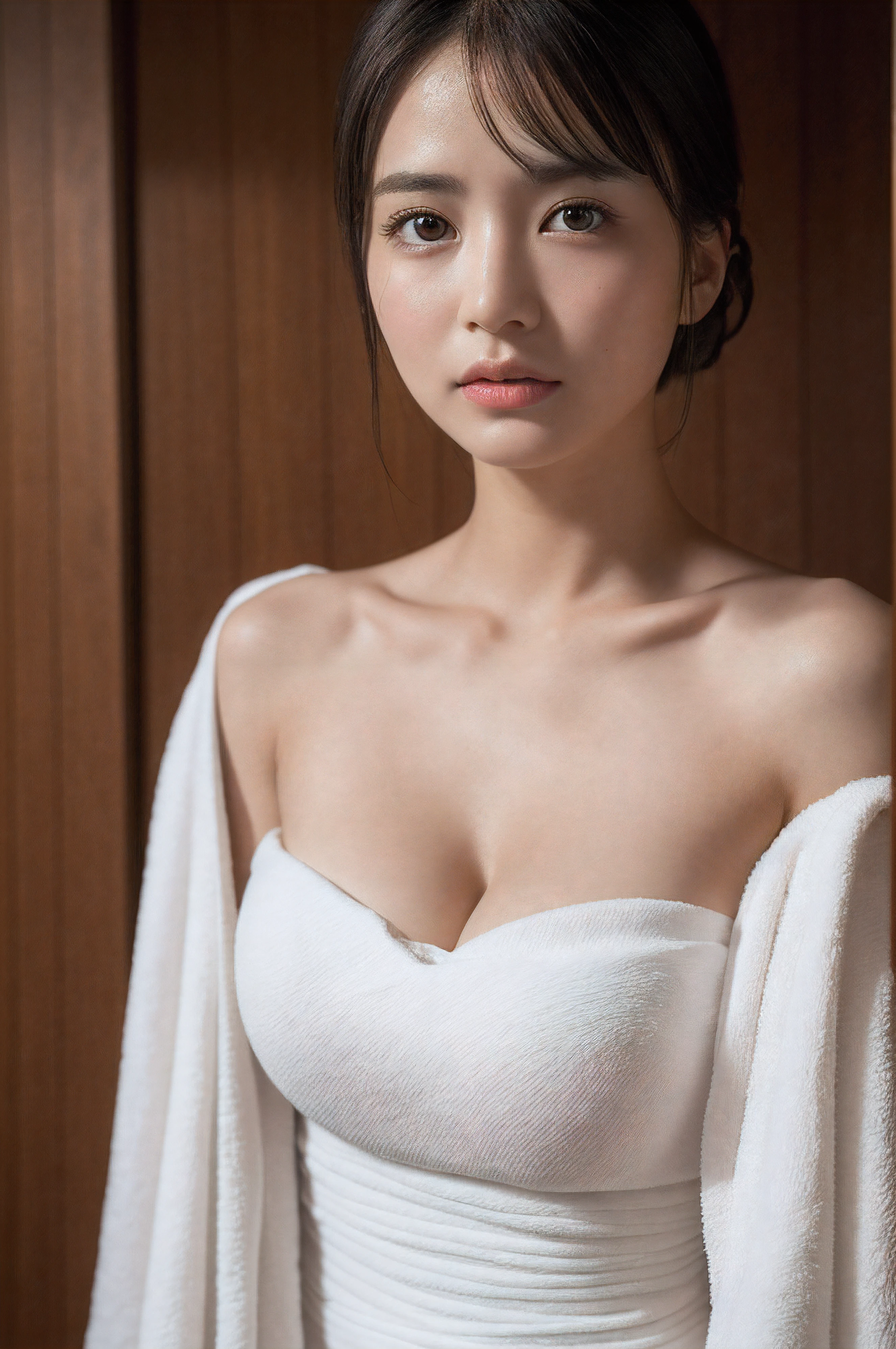 (16 K, Raw photo, Best Quality, hight resolution, absurderes), high-definition RAW color photography, professional photograpy, Papercut, (layered silhouettes:1.2), Complex pattern, delicate craftsmanship, shadow play, depth and dimension, Creative expression, (Realistic, Photorealsitic:1.37), (1 girl, japanaese girl), Toned, Cinematic Light, bloom, blazing, (finerly detailed face:1.2), (masterpiece:1.4), (realistic, photo-realism:1.4)
BREAK
((sauna, steam sauna)), ((naked bath towel:1.3, Wet body, steaming body, very humid, steam, fog, dampness)), (White Big Size Towel Dress Strapless:1.3), (ultra-delicate face, Super Beautiful Maid, Super delicate eyes, Ultra-detailed nose, Ultra detailed mouth, Ultra-detailed facial features), (dark brown hair), sitting on, Fully realistic body, Bright lighting((enormous breasts, cleavage)), detailed background, detailed face, detailed eyes,, Detailed Eyes, Double Eyelids, Looking at the Camera
BREAK
Use a Sony Alpha 1 Mirrorless Camera with a Sony FE 24-105mm f/4 G OSS lens. Set the ISO sensitivity to 32,000 and the shutter speed to 1/125 second. --ar 16:9 --v 5.1 --style raw --q 2 --s 750