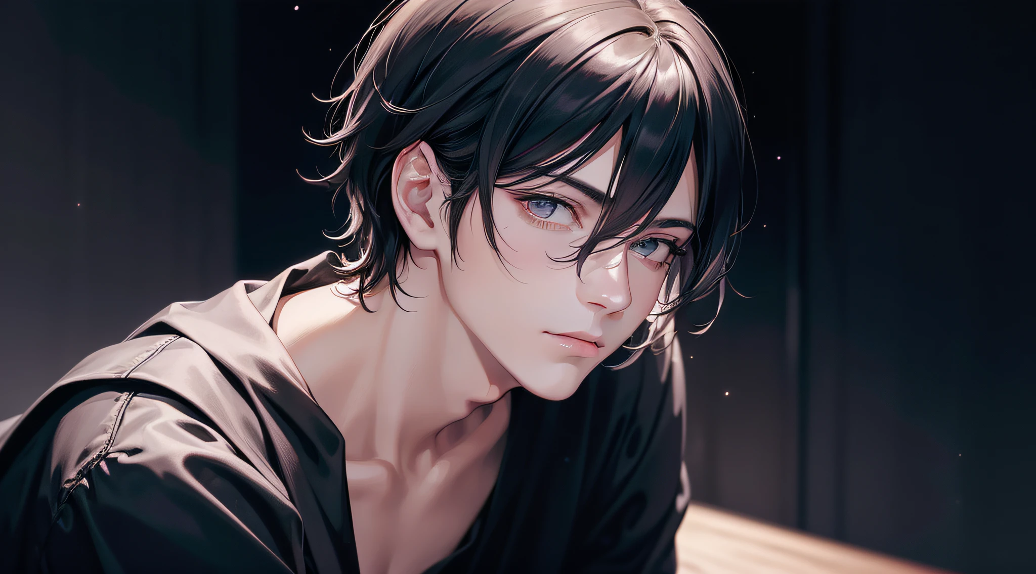 (Best Quality,realisitic:1.2),Masterpiece,Quiet and charming young man,Black clothe,evening, night sky,Lovely,closed mouth,super delicate face,Soft Smile,Black hair,Short hair,Flowing short bangs,Delicate jawline,Eyes as deep as Joaquin Phoenix,