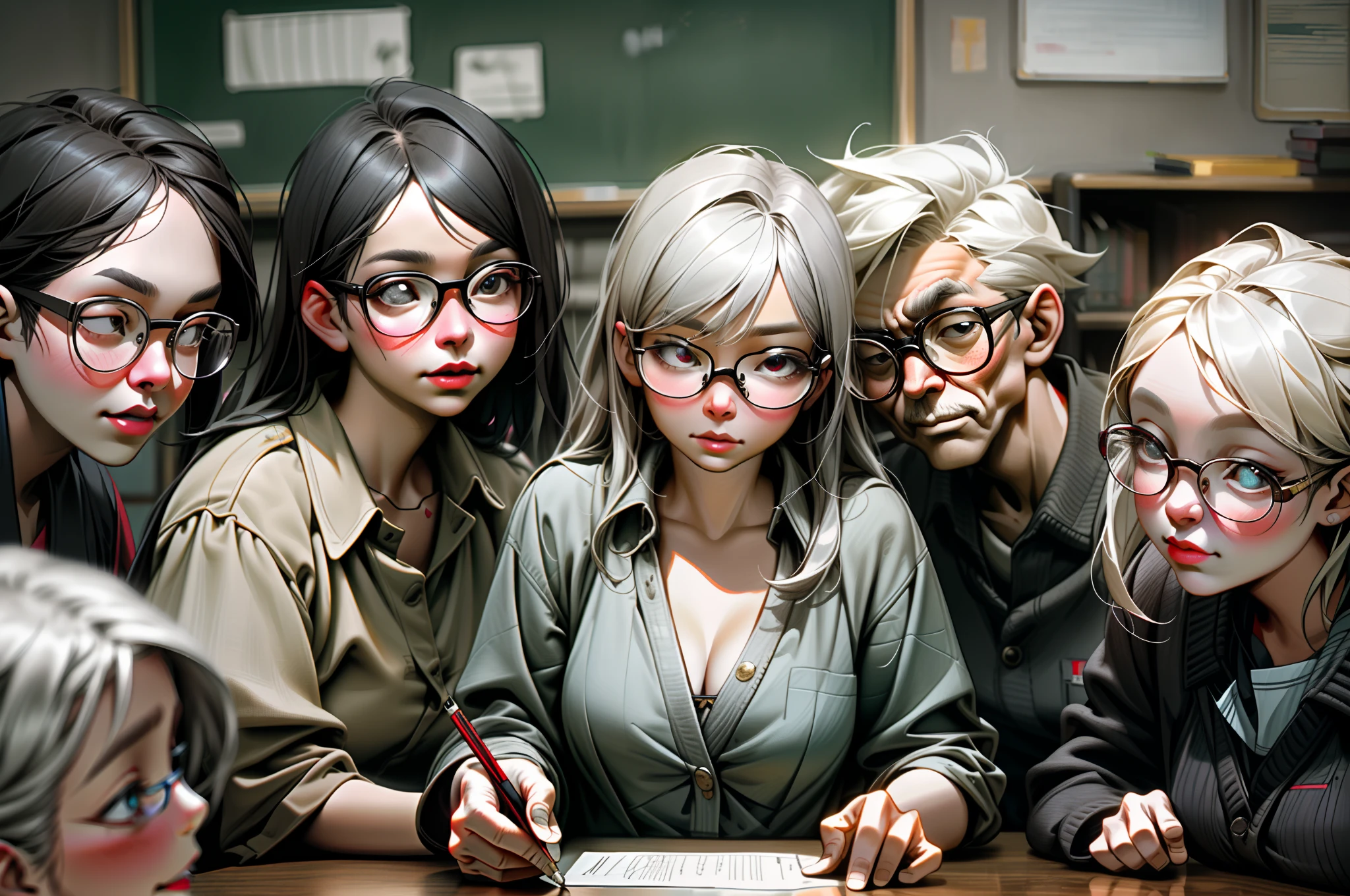 In the classroom,A group of students gathered around the teacher to ask questions,Gray-haired old teacher,Asian people,wears glasses,closeup cleavage,sharp focus on eyes,8K,super-fine,oil painted,Hyper-realistic,best qualtiy