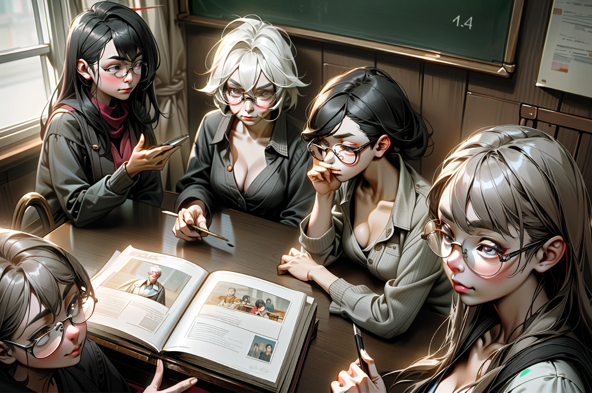 In the classroom,A group of students gathered around the teacher to ask questions,Gray-haired old teacher,Asian people,wears glasses,closeup cleavage,sharp focus on eyes,8K,super-fine,oil painted,Hyper-realistic,best qualtiy