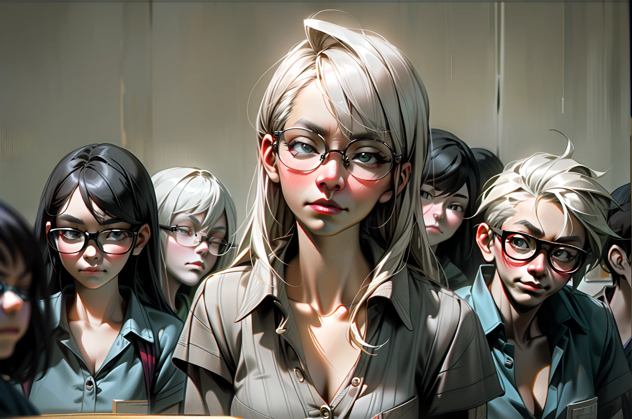 In the classroom,A group of students gathered around the teacher to ask questions,Gray-haired old teacher,Asian people,wears glasses,closeup cleavage,sharp focus on eyes,8K,super-fine,oil painted,Hyper-realistic,best qualtiy