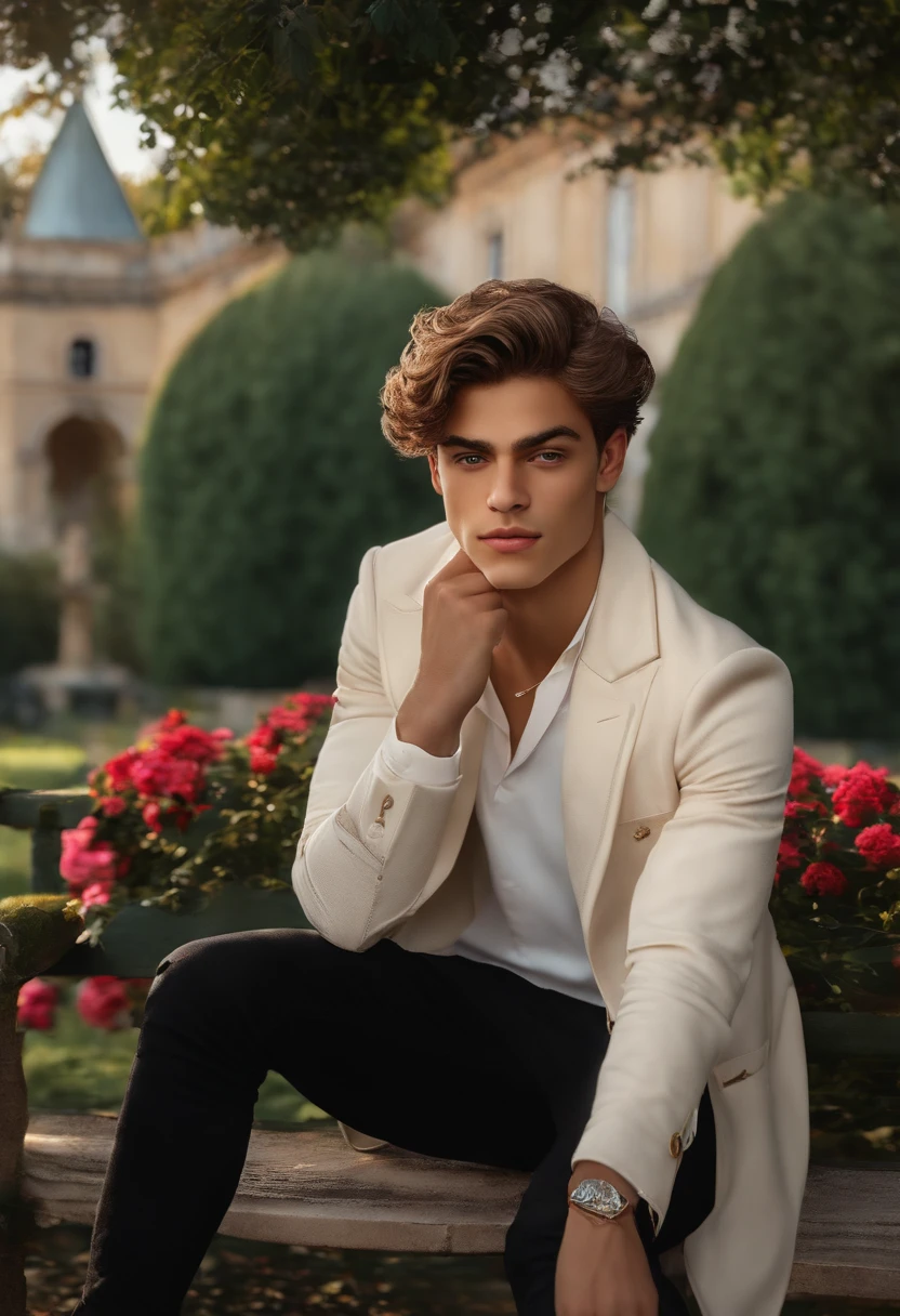 An image prompt for a realistic portrait of a prince: A realistic portrait of a young and handsome prince, 18 anos. Ele tem cabelos loiros e olhos azuis, and is wearing black jeans. He's sitting on a bench. The background is a garden.