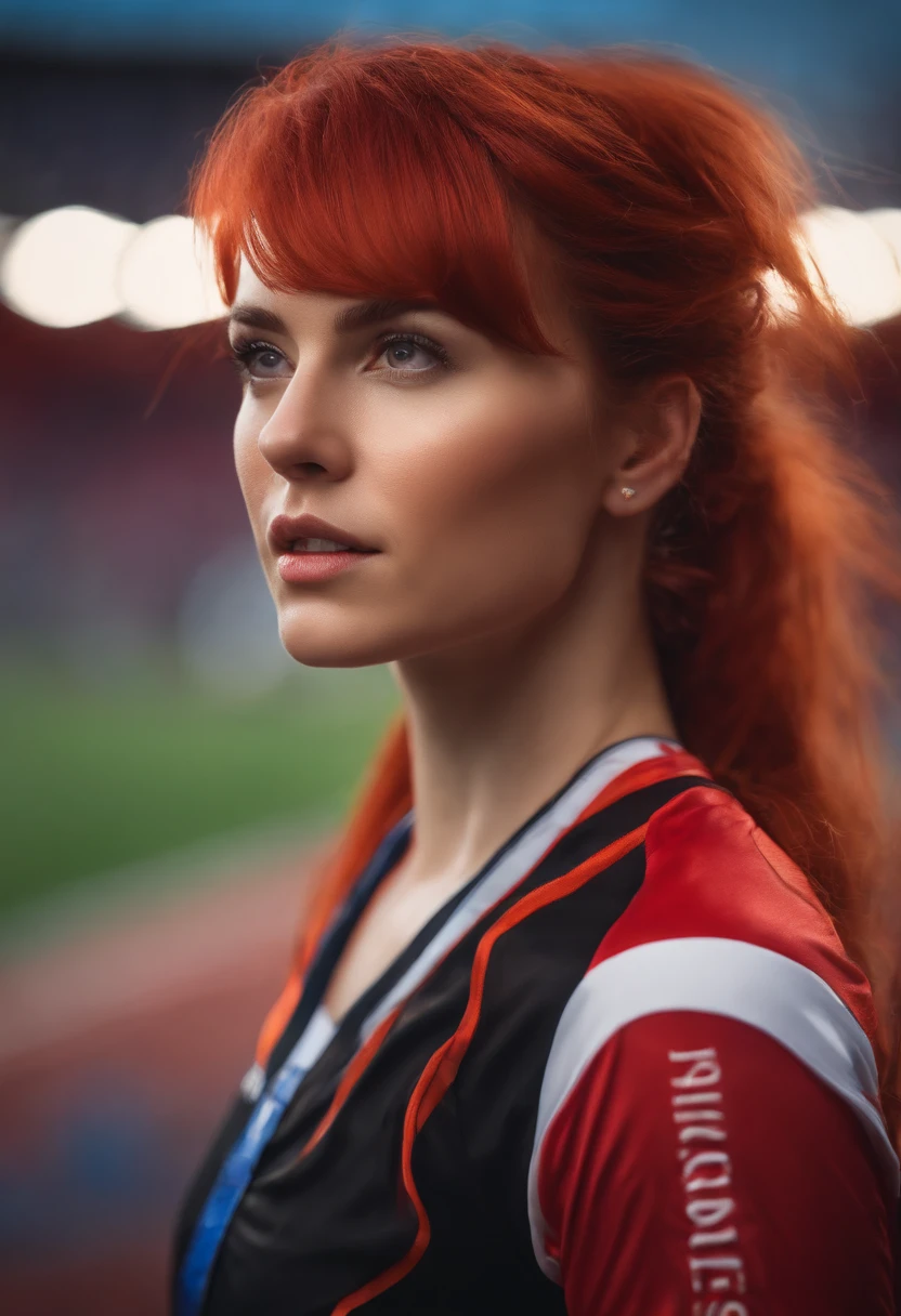 8K,extremely delicate and beautiful girl,perspiring, Longhaire, asymmetrical bangs, poneyTail, red hairs,dishevled hair, bright skin,Red jersey,Marathon runner,Stadium