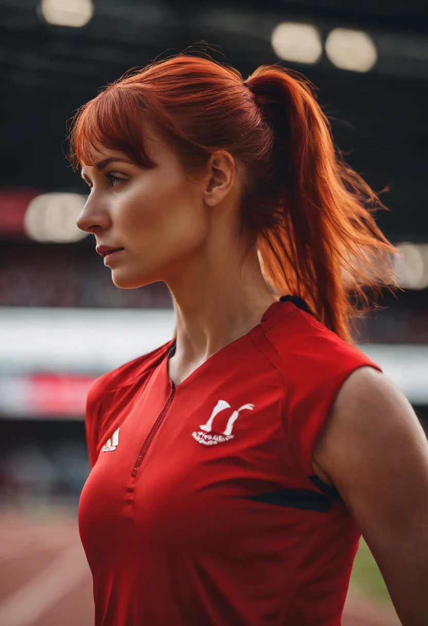 8K,extremely delicate and beautiful girl,perspiring, Longhaire, asymmetrical bangs, poneyTail, red hairs,dishevled hair, bright skin,Red jersey,Marathon runner,Stadium