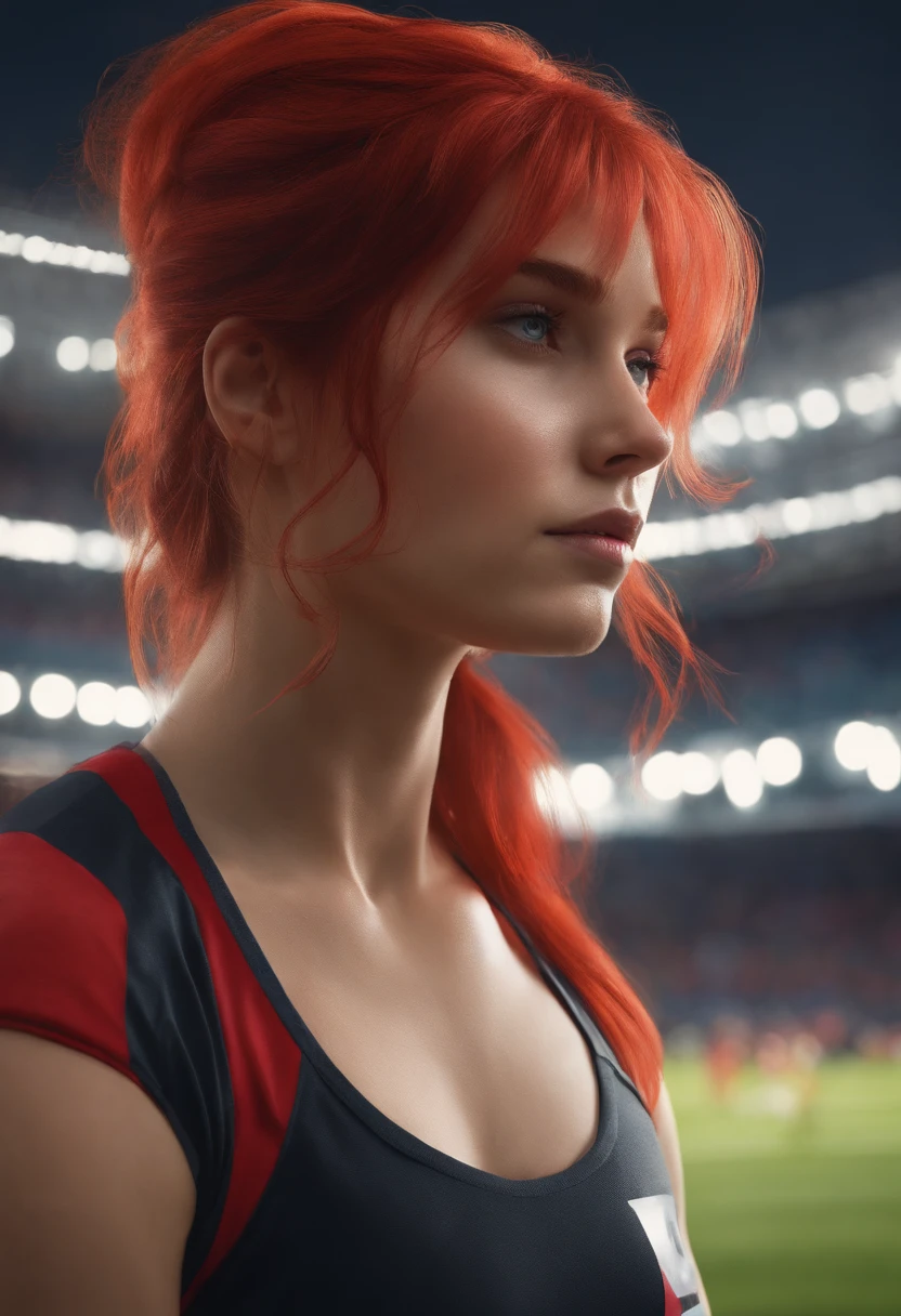 8K,extremely delicate and beautiful girl,perspiring, Longhaire, asymmetrical bangs, poneyTail, red hairs,dishevled hair, bright skin,Red jersey,Marathon runner,Stadium