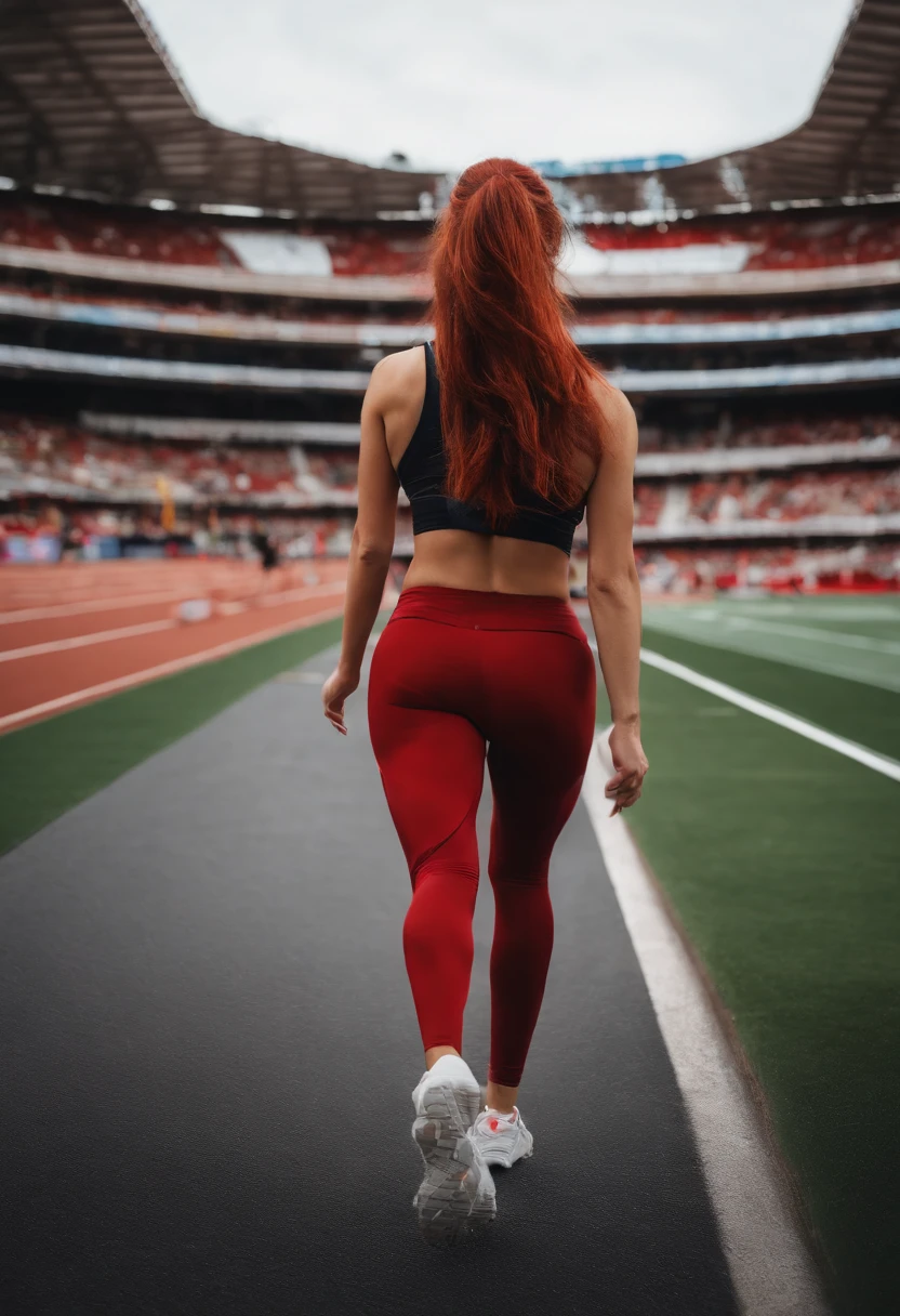 8K,extremely delicate and beautiful girl,perspiring, Longhaire, asymmetrical bangs, poneyTail, red hairs,dishevled hair, bright skin,Red jersey,Marathon runner,Stadium