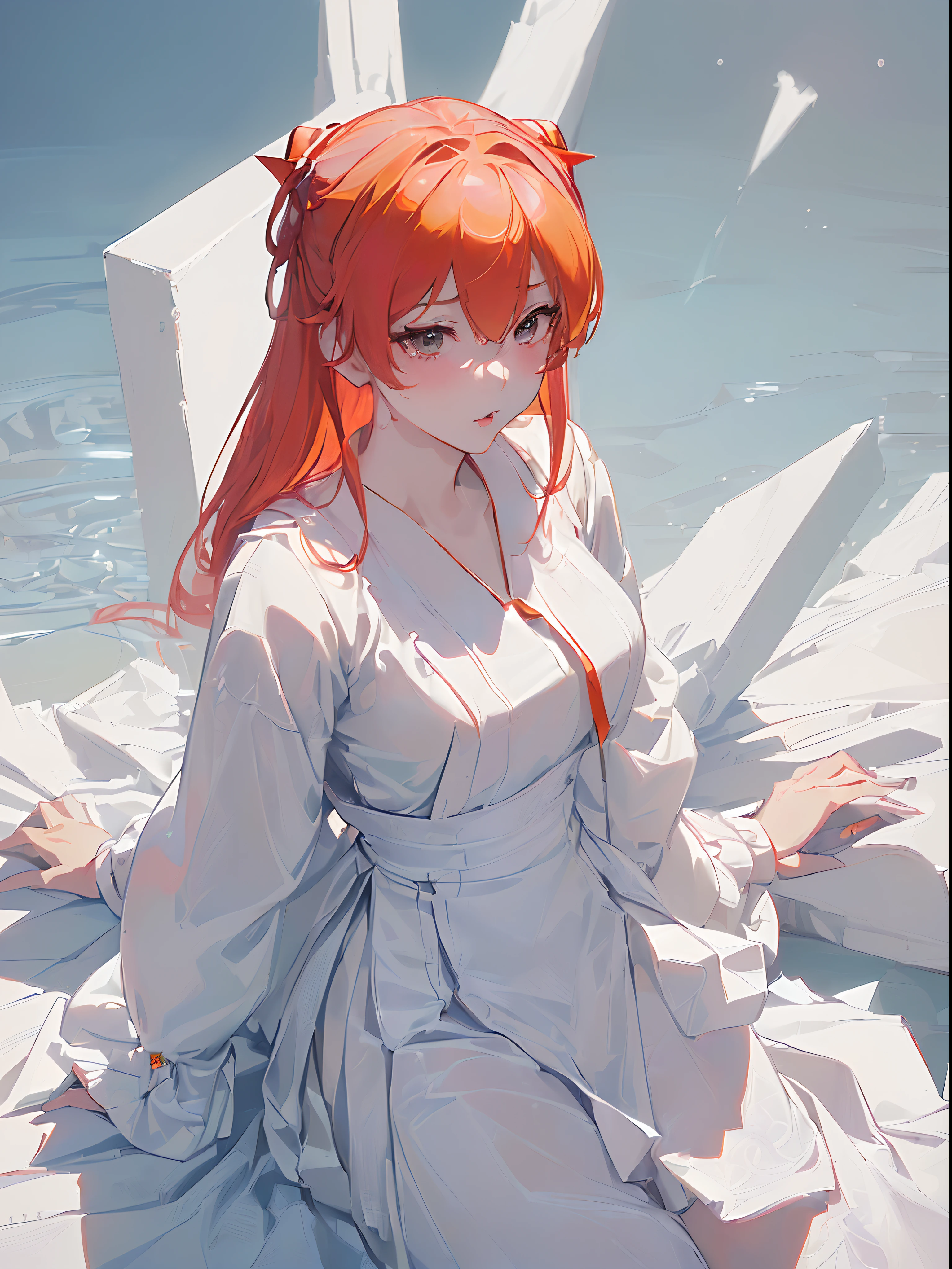 (masterpiece, top quality, best quality, official art, beautiful and aesthetic:1.2), (((souryuu asuka langley,1girl:1.3),absurd,(ultra high res,photorealistic, (8k), (photon mapping, radiosity, physically-based rendering,automatic white balance), technological sense,Amazing, finely detail, extremely delicate and beautiful,extremely detailed,ich background, coast,(((high detailed skin,))),(overhead view), slender, solo, white sailor dress, (thick thighs:0.5), dynamic lighting, high resolution,llustration, ultra-detailed face, best quality face,intricate detailed outfit, sexy pose, cute, kawaii, digital art, watery eyes, blushing, red cheeks