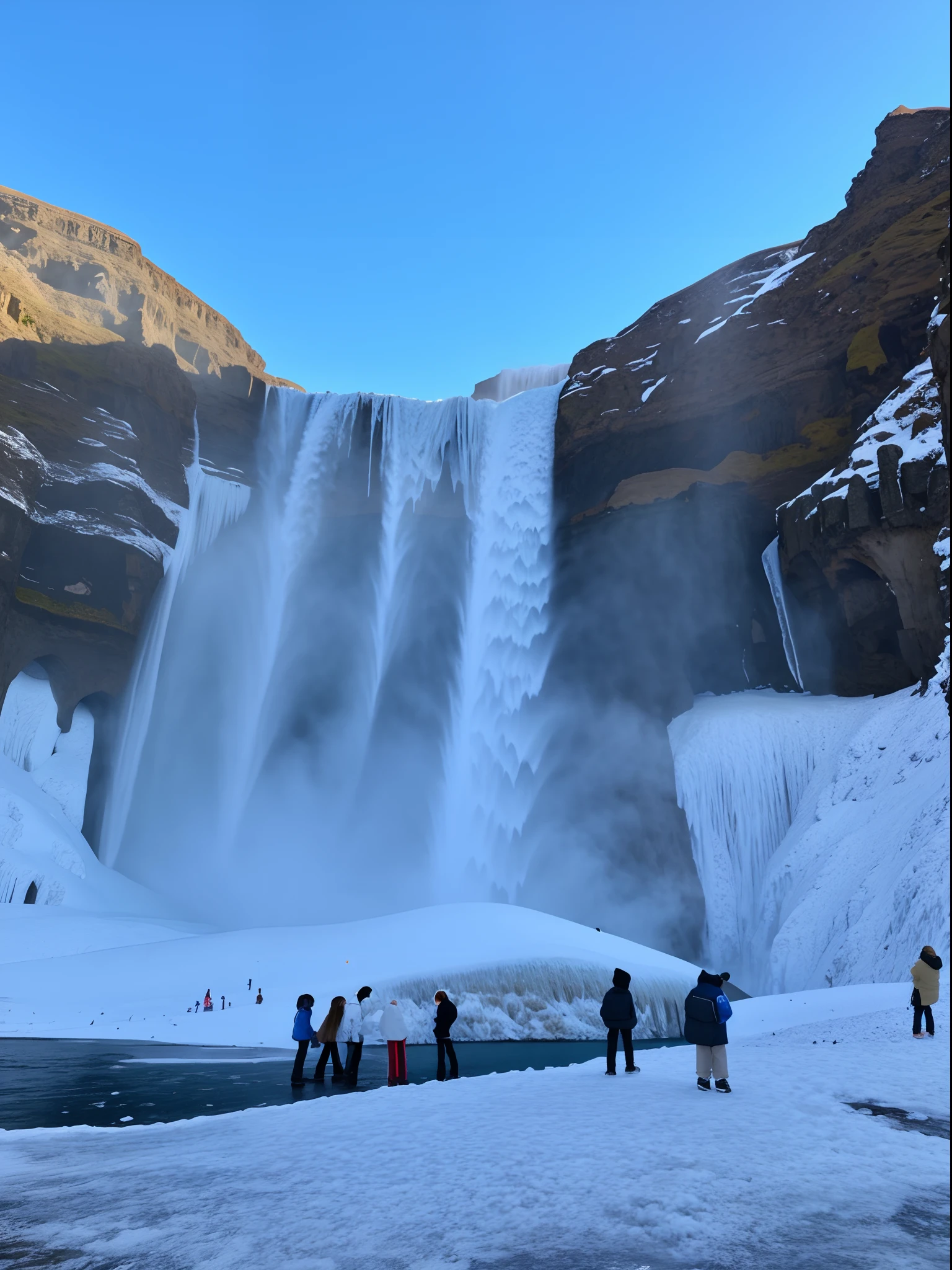 People standing in front of a waterfall in the blue sky, iceland photography, iceland, frozen waterfall, huge waterfalls, huge waterfalls, Huge waterfall, an endless waterfall, Incredibly beautiful, epic and stunning, stunning sight, taken on iphone 1 3 pro, magnificent super wide angle, 4 0 9 6, taken on iphone 1 3 pro, waterfall in background