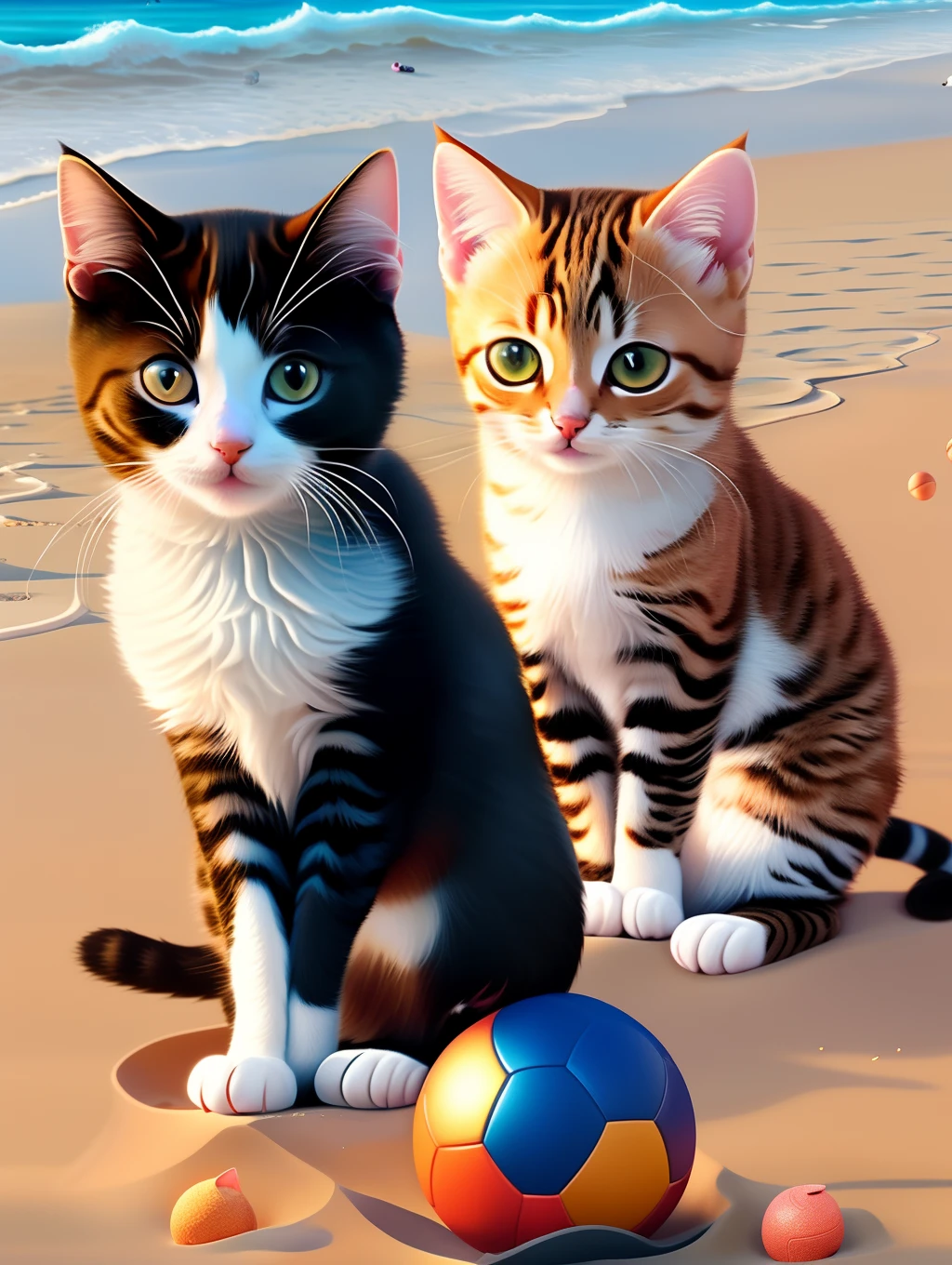 there are two cats sitting on the beach with a ball, illustration of 2 cats, cute cats, two cats, cute kittens, incredibly realistic, detailed beautiful animals, digital art highly-detailed, cute detailed digital art, detailed digital artwork, digital cartoon painting art, realistic scene, photo realistic style, cute digital art, adorable digital painting, a hyper realistic