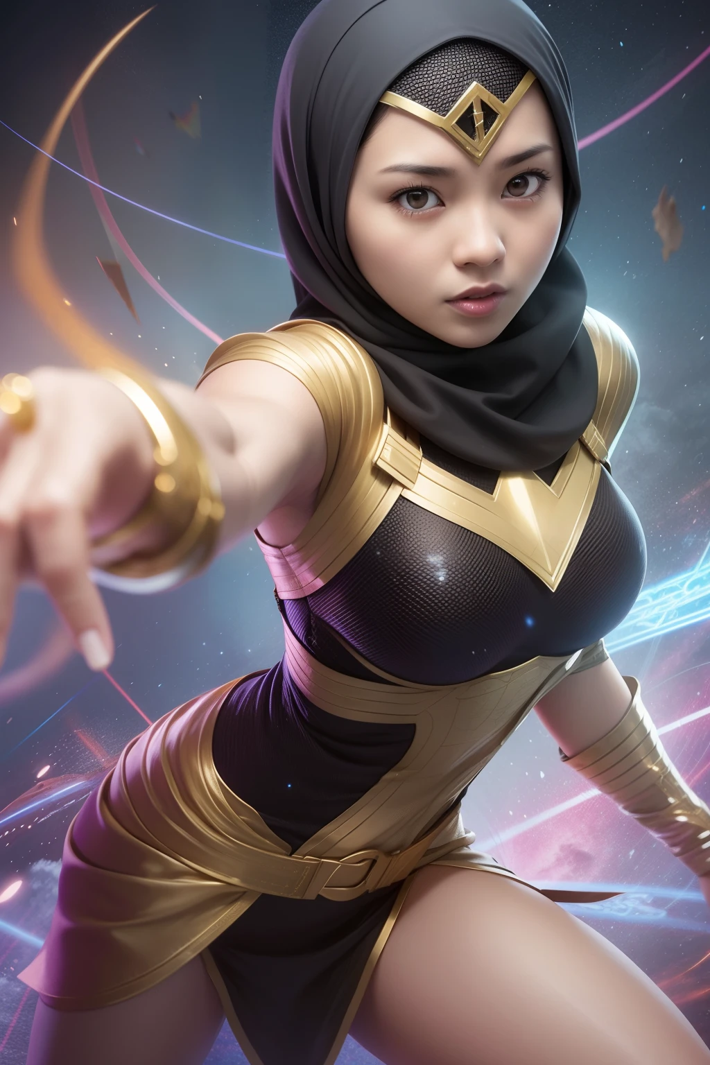 Photograph a Malay girl in hijab as a superhero, showcasing her unique powers and abilities with dynamic action poses, enhanced by captivating visual effects