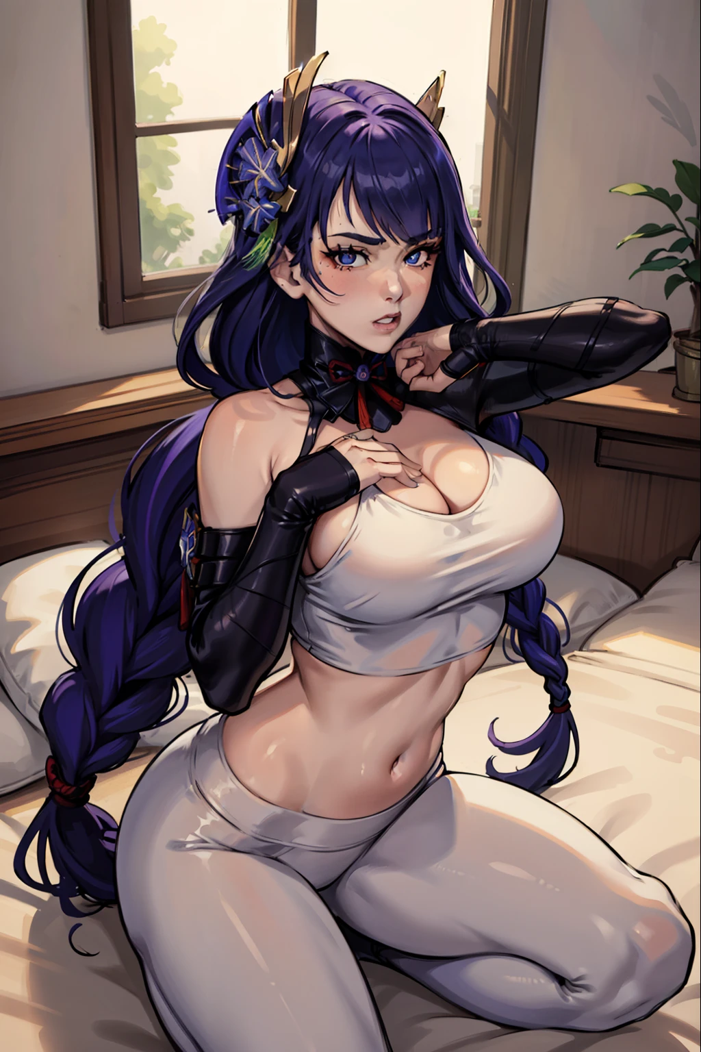 (masterpiece), best quality, expressive eyes, perfect face 1 girl, Raiden Shogun genshin impact, wearing white yoga pants and crop-top, long hair, bedroom, big chest, absurdres, high res, ultrasharp, 8K, masterpiece, perfect hands, perfect eyes