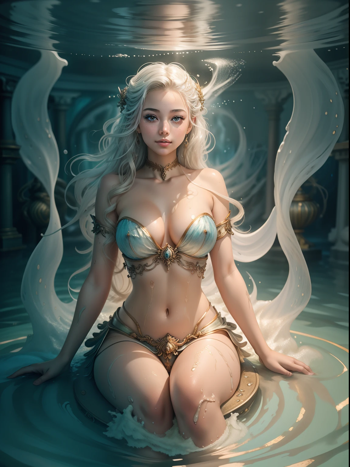 ((beautiful goddess sitting on the waves of the sea)),  
((transparent vikini that shows the vagina)), masterpiece), best quality, expressive eyes, perfect face, long hair fused into multicolored sea waves, light lantern, lamp and antique clock,   fantasy, fractal,  Sakimichan-style art, slight smile, legs open, pubic hair view, 1 sexy girl, exposed breasts,skin wet with water and foam and bubbles,view from below, open legs showing open vagina, beautiful full female body wet with water,griffiths flesh art and wadim kashin concept art, nude woman, classical dancer, psychedelic dancer movement, moving ocean wave, sakimichan art body art, palette knife oil painting, metallic colors, olpntng style, beautiful teenager, effect splatter, extremely smooth and fluid paint, 3D liquid paint, 3D fractals, gold and silver and bronze metallic colors, light particles, dreamy, 3D soft relief, bright sparkles, dreamy shine, concept art by Alberto Seveso, dripping paint, gold-silver and bronze oil painting, full body, beautiful girl, big buttocks, skin with watercolor paper texture, young girl, splash effect, sea, fluid, 3d fractals, light particles, dreamy shine , oil painting with strong strokes, dripping paint, night sky with storm, full moon, large foamy waves, floating bubbles, beautiful goddess emerging from the sea, long silver hair blurred with water, wet skin,cloudy sky with storm, night sky with dark clouds, full moon,