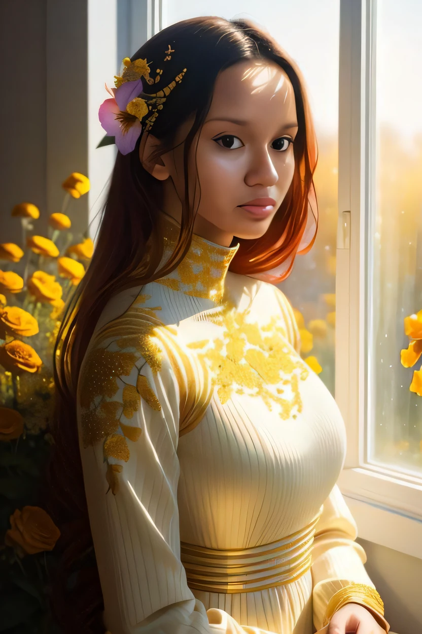 um close up de uma mulher em um vestido amarelo perto de uma janela, com flores, com flores amarelas ao redor, mulher amarela bonita, ao dai, Mai Anh Tran, golden morning light, senhora com vestido de flores brilhantes, flores e ouro, Beautiful Asian girl, Alena Aenami e Artgerm, beleza tradicional, vestindo blusa floral amarela, mulher vietnamita