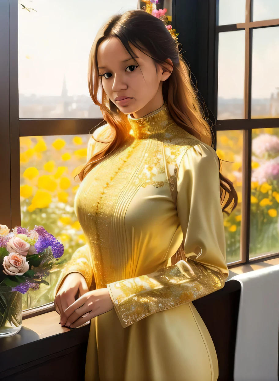uma mulher em um vestido amarelo parado ao lado de uma janela com flores, ao dai, vestido dourado, corpo dourado elegante, Em estilo de Lam Manh, roupas douradas, usando roupas de seda ornamentadas, Cheongsam, Mai Anh Tran, vestido sedoso bonito, Pose elegante real, Chinese dress, seda dourada, vestido ornamentado amarelo, mulher vietnamita, bordados de ouro