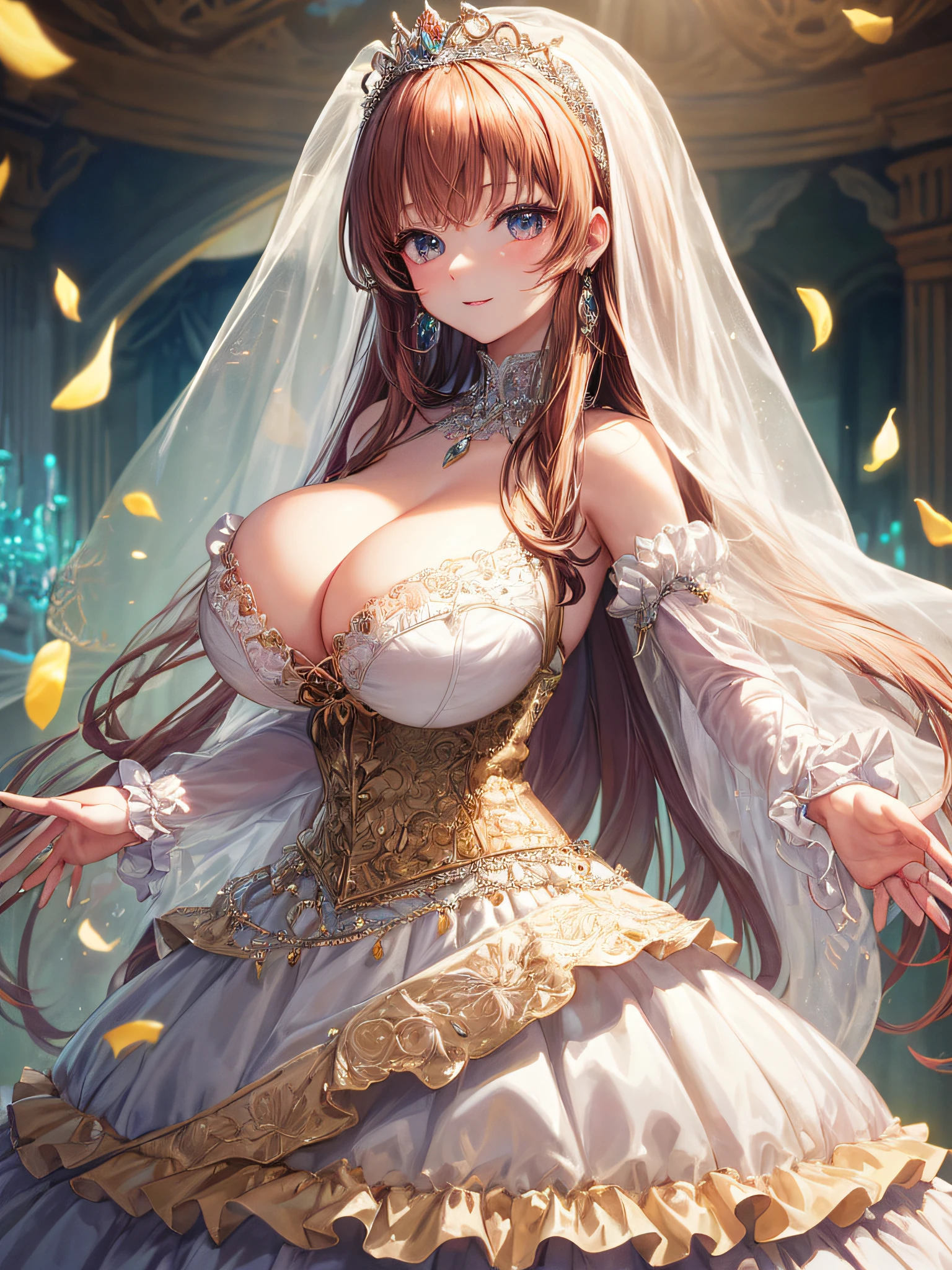 (masterpiece, best quality,extremely detailed:1.1),(moe anime art style:1.2),1girl,((full body)),((solo)), cute, kawaii,digital art,((1 bling-bling anime princess wearing beautiful embroidery and jeweled ruffled gorgeous princess ballgown with voluminous full length hoop skirt)),((crinoline)),long train,voluminous frills,(gorgeous embroidery and beautiful lace),((very gigantic boobs,skindentation)),cleavage,shiny hair,(((very long straight hair))),((finely detailed face and eyes)),clear pupil,extremely gorgeousfull hair ornament,(bling-bling jeweled extremely gorgeousfull tiara),(bling-bling gorgeous gemstone jewelry),long veil,beautiful background,fantasy background,flowers,flower petals flowing,full body,((beautiful embroidery and jeweled ruffled gorgeous princess ballgown with voluminous full length hoop skirt))