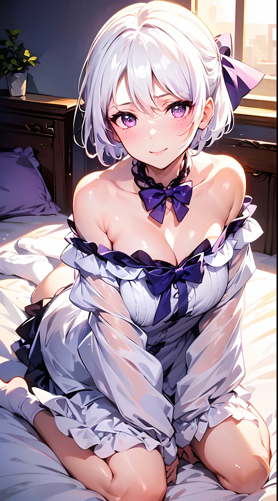 close up of face,lying down on the bed,Wariza,Dynamic Composition: 0.3), Rich in Detail and Color,(Solo: 1.2),(Best quality),(4k), (highly grand details CG painting),(((the Greatest masterpiece,))),(reality:0.4) (ultra detailed),(intricately details),(Natural,cute face),(cinematic lighting),(blooming,synthetic wave),((solo,1 girl,))Long eyelashes,watery eyes,reflected eyes,eyes shadow,light purple eyes,((one purple bow tie)), (white off-the-shoulder shirt: 0.4),beautiful hair,short hair, (white dress), white haired deity,((elegant and conservative cloth)),seductive smile,(top quality,official art, beautiful and aesthetic:1.2), (radiosity,automatic white balance), dynamic lighting,blushing,showing socks, using socks, socks view, showing soles,socked feet, feet with socks, socks.