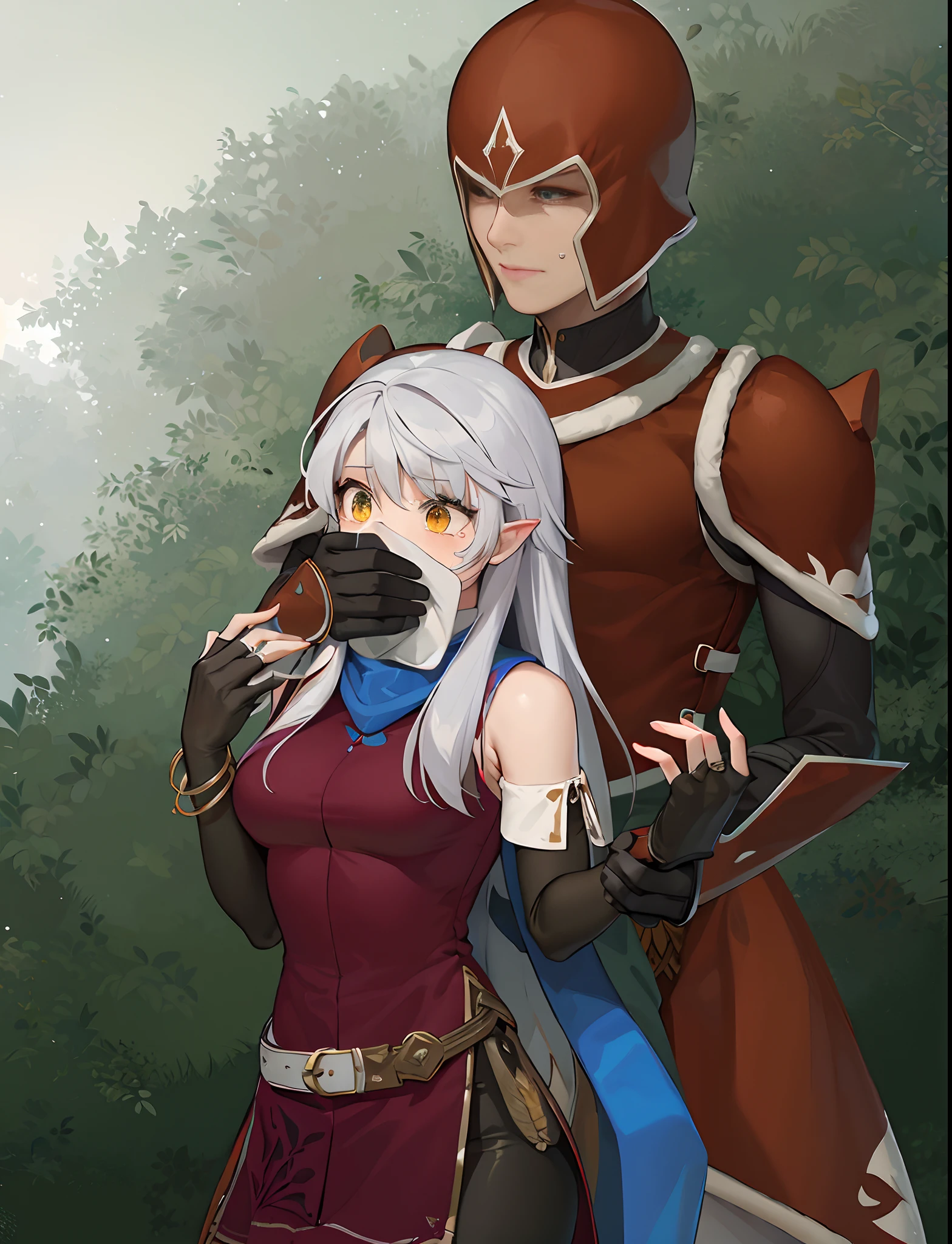 Anime characters, dressed in medieval's clothes. in an ancient magic forest, an evil guard in red shining armor, kidnaps a youn elf princess with white hair and golden eyes, the princess is crying, desperatly trying to scream for help, while the evil guard holds her as a prinsoner, pressing a white piece of cloth over her mouth to keep her quiet. A nature ultra-detailed magic, mystic forest is in the background, with a realistic light of green tones