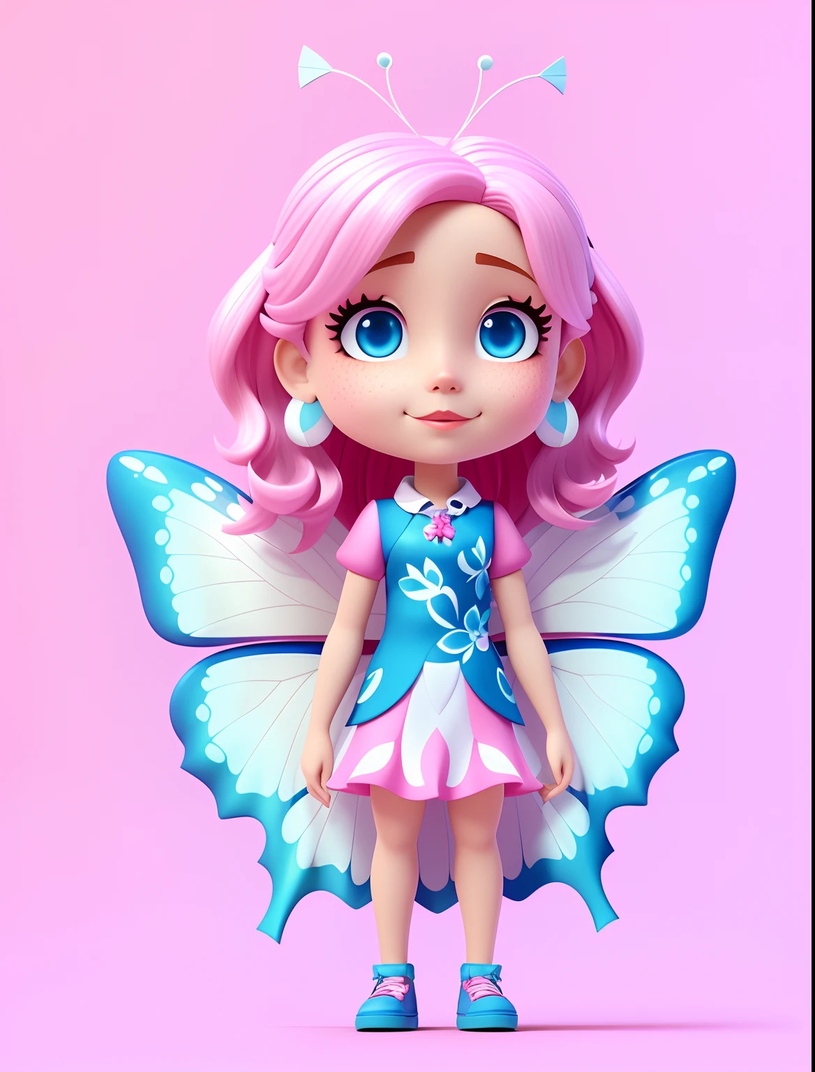 Cartoon girl with butterfly wings and pink dress standing in front of a white background, Personagem Pixie, personagem bonito dos desenhos animados, arte oficial do personagem, official illustration, abelha maia, animation character, render de uma menina anime 3d bonito, Cartoon style illustration, character is in her natural pose, official character illustration, Arte Oficial, render de mirabel madrigal, promotional render
