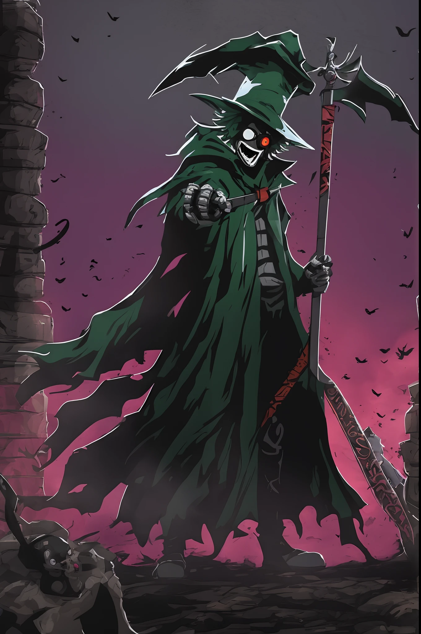 "izuku_midoriya as grim_reaper wearing plague_doctor_clothes, holding_menacing_scythe, standing cementary, bathed crimson_moonlight"