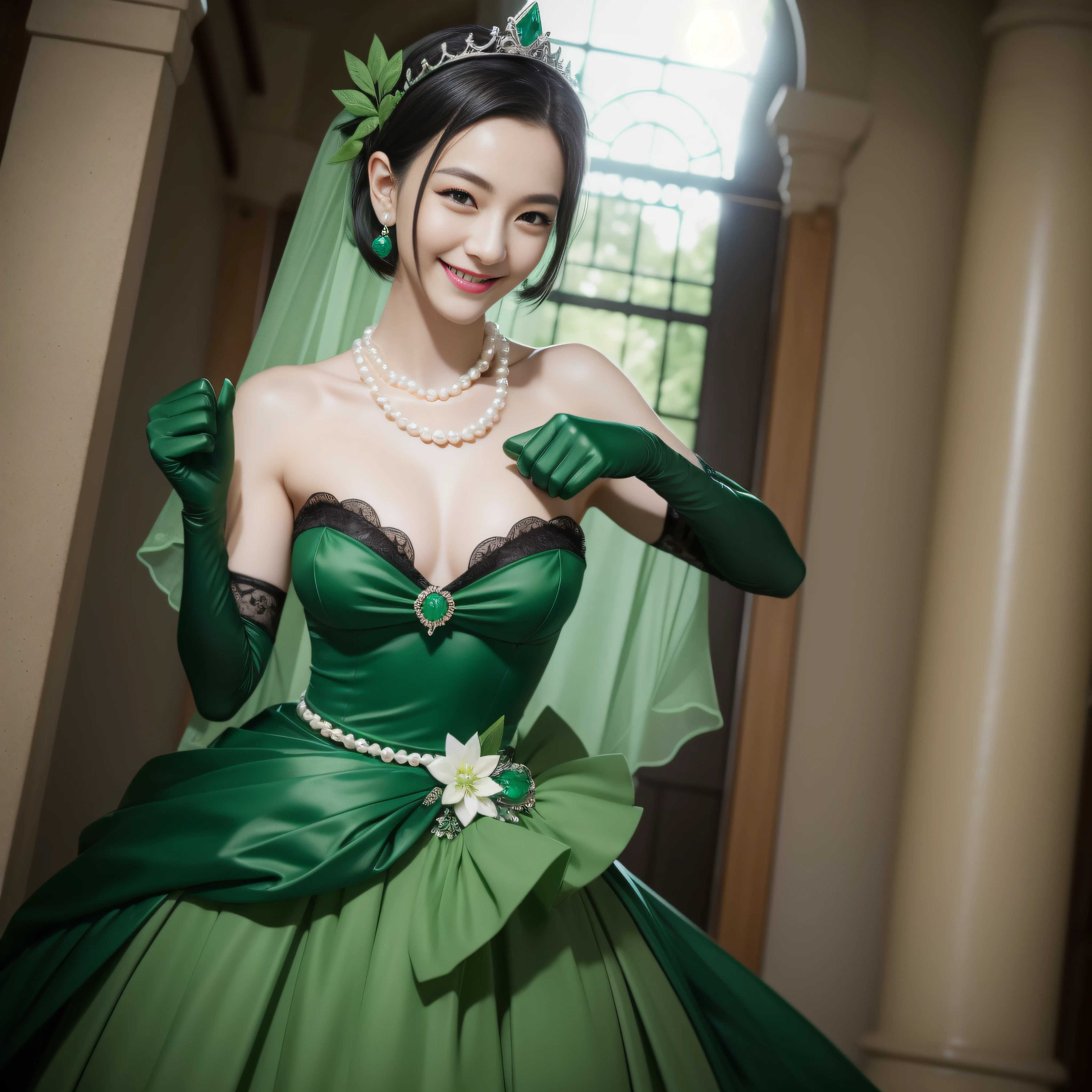 Boyish very short black hair, lipsticks, Japan woman smiling, Green Long Grove, Emerald Tia boyish very short black hair, lipsticks, Japan woman smiling, Satin green long gloves, emerald tiara, Green Pearl Necklace, verd s eyes, Green eyes, Long green gloves made of satin material, big breasts beautiful, Green Bridal Veil