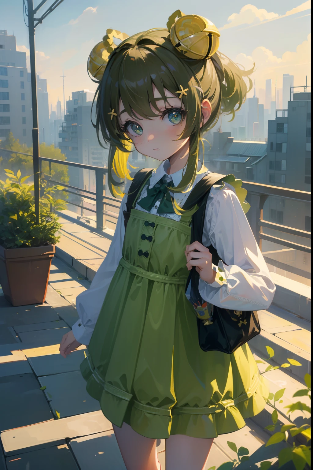 (masterpiece:1.3),(absurdres:1.3), (best quality:1.3), (ultra-detailed:1.3),(best shadow:0.7),(expressive eyes), 1girl, li, pee, cute, kindereen school bag)), cheerful, ((cityscape))