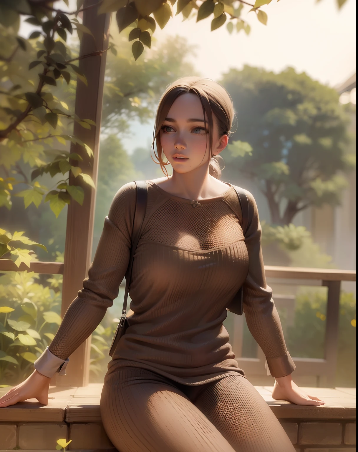 photorealistic, (whole body:1.8), low angle, (seen from below), young Angelina Jolie, (V-neck long sleeve wool sweater:1.8), (tight jeans tracers ass prtfectp), a beautiful hyper-realistic young woman with gray-blue eyes and glasses, (big chest ), (neckline:1.5), (Hips and groin showing: 1.5), (camel toe:1.5), highly detailed official artwork, beautiful girl with slim body and sensual posture, long legs, Attractive young woman, (attractive possessions:1.3), (crossed arms behind back, holding the up enhancing her neckline:1.8), in the bank in the (natural fog forest:1.2), natural background, dubnitskiy david fanart, Realistic portrait, soft photorealistic, perfect image of a cute girl, cute girl with smooth face like skin, facial focus, Makoto Shinkai and Artgerm, Photon mapping, natural light, warm color tones, vivid colors, Fresh environment, foggy atmosphere