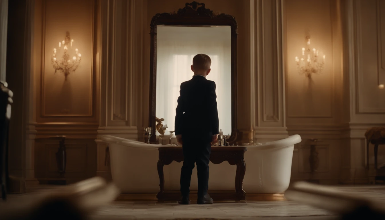 The boy desperately restored the mirror in the mansion
