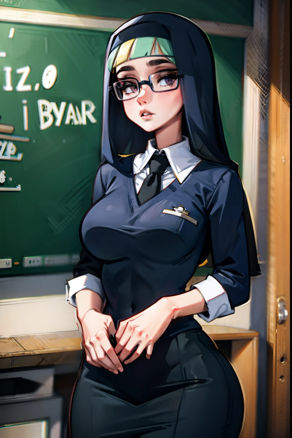teacher AND nun, bimbo, green hair, purple eyes, teacher clothes