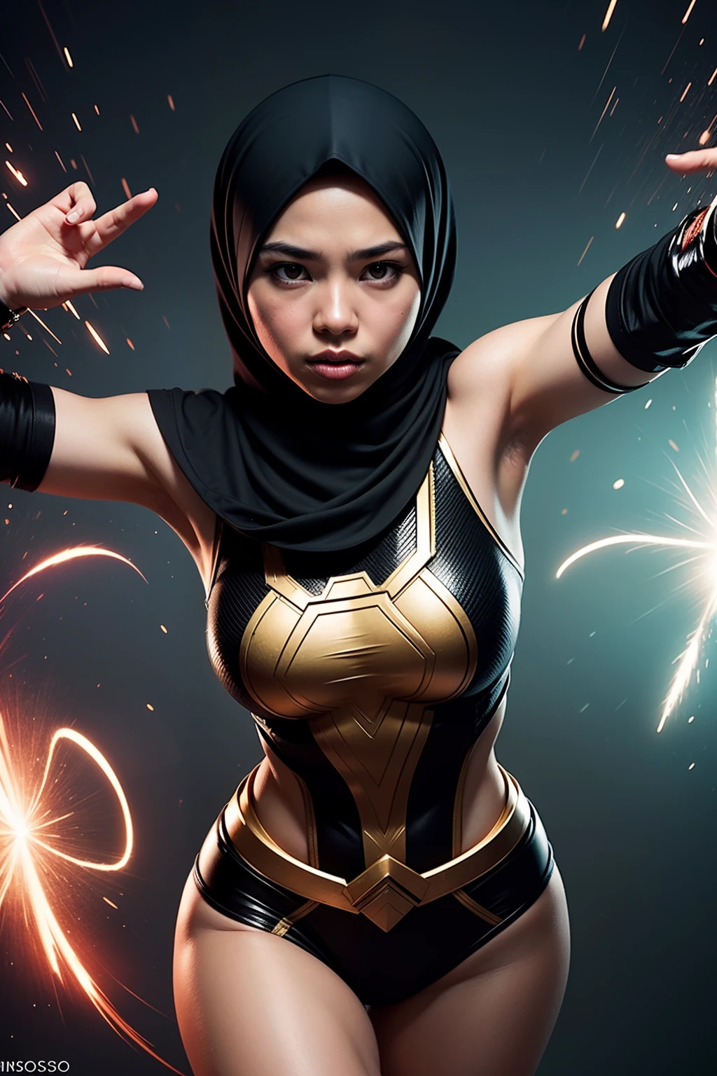 Photograph a Malay girl in hijab as a superhero, showcasing her unique powers and abilities with dynamic action poses, enhanced by captivating visual effects