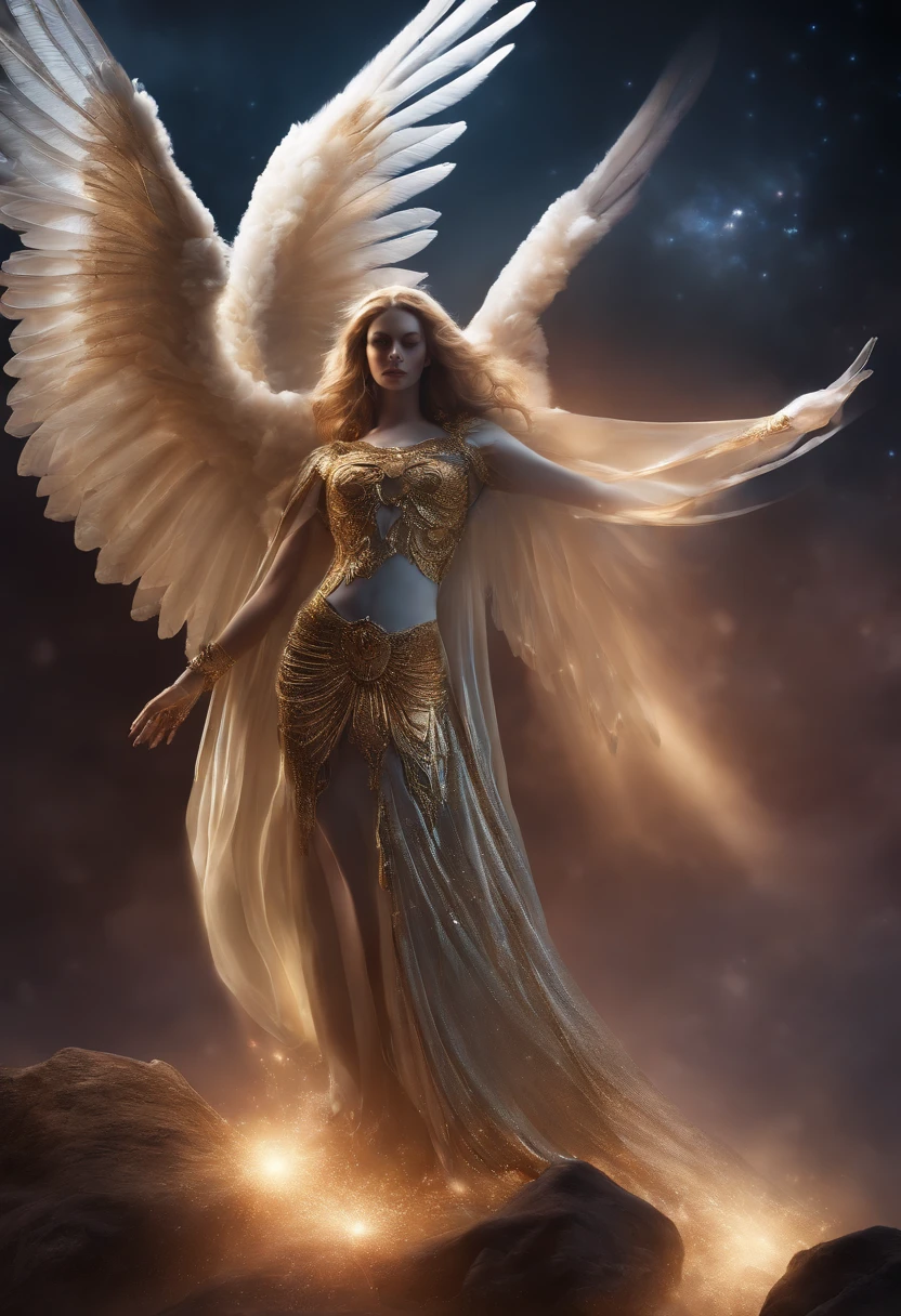 An extremely exaggerated tall, strong, plump and sexy woman,She is the fallen angel of the universe,Six pairs of big wings that cover the sky and the sun,Have extremely exaggeratedly huge thick breasts,Elongated waist,Extremely exaggerated and huge thick buttocks,Super long big thick legs,Extremely thick leg muscles,Full body cosmic color,Super long hair full of stars,6 meters long hair,There are stars in my hair, glowing light eyes, Biomechanicals, eerie, crawling, nightmarish, The colors are very vivid, Light particles, Glowing light, Mshiv, wallpaper art, ultra HD wallpaper,full body shot shot。