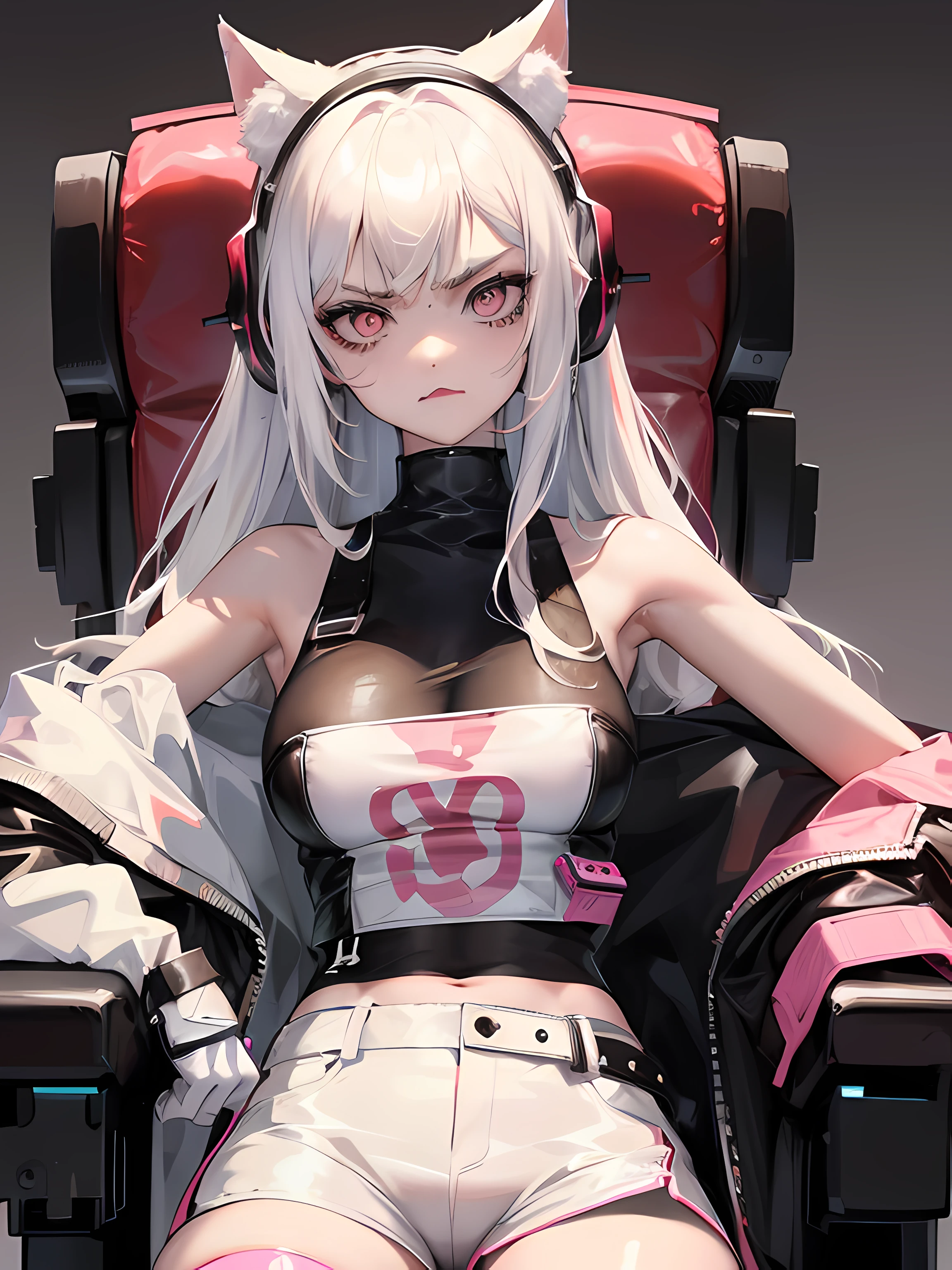 1girl, cat ears headset, white eye, long white hair, wearing pink tanktop, gaming chairs, bad girl, angry face, wearing hot pants, in the room, high res, ultrasharp, 8k, masterpiece, looking at viewer