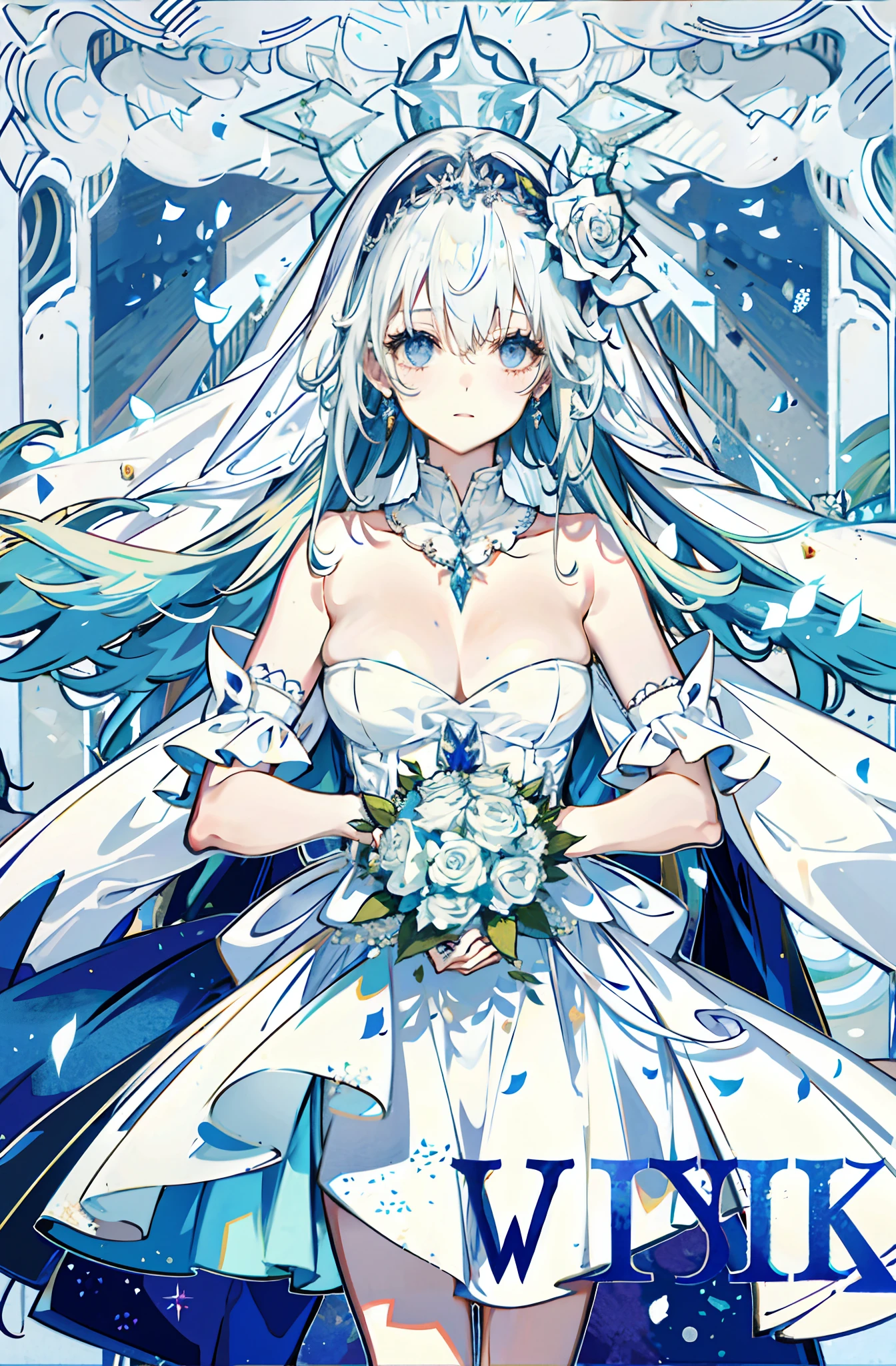 silber hair,butterflys,long whitr hair,8k wallpaper,Highest high resolution,deep v big breasts,Hair over eyes,Bandeau,Bandeau wedding dress,White rose,tight-fitting,stocklings,