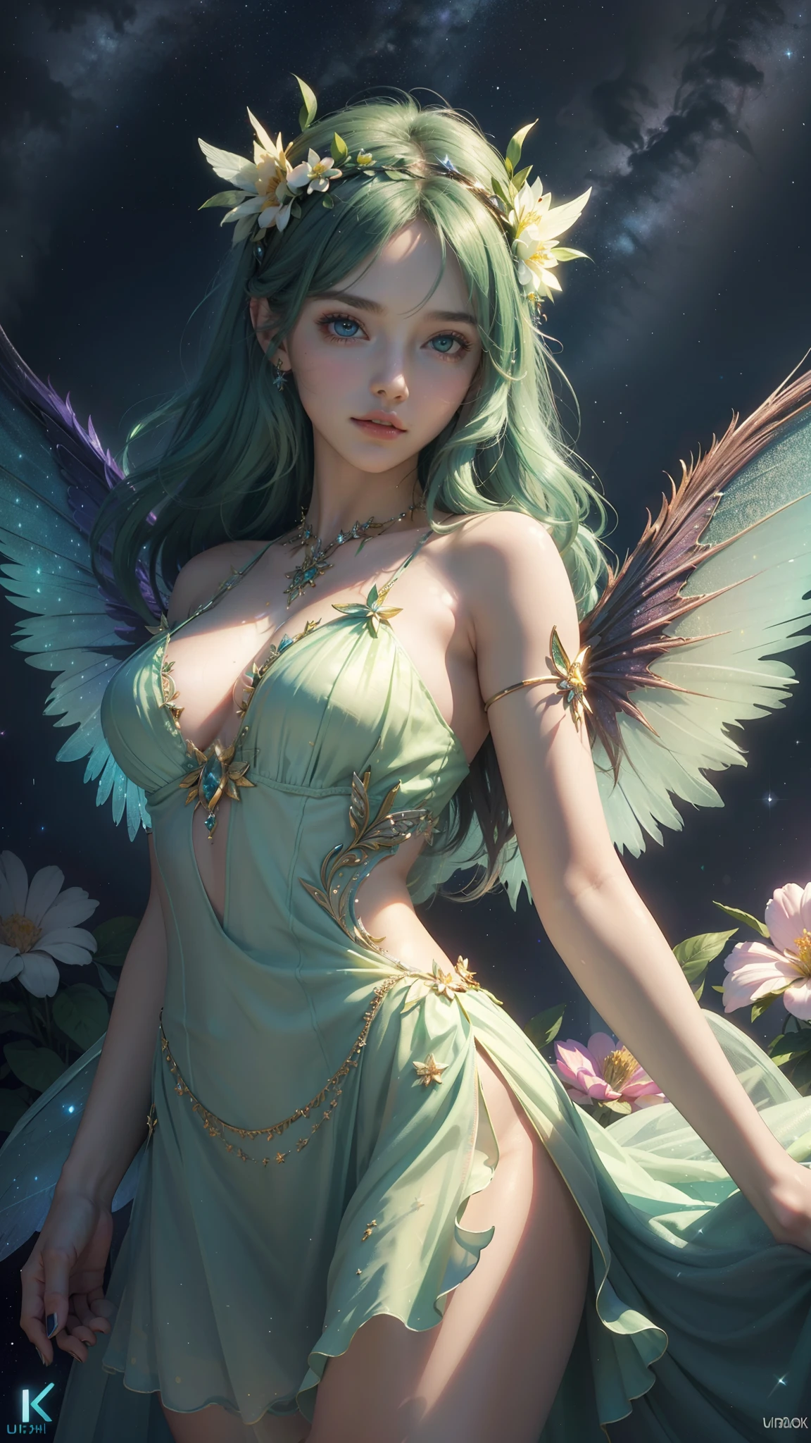4k ultra hd, masterpiece, a girl, good face, detailed eyes, detailed lips, flower fairy girl, big wings, transparent wings, neon lights, magnificent background, green dress, bare waist, flower crown, starry sky background, divine light, attractive pose,