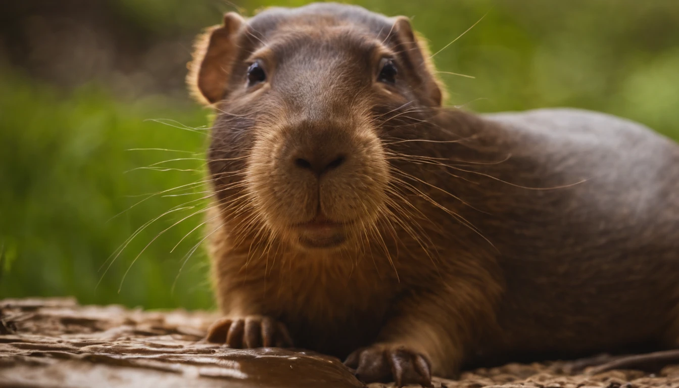 Crie uma capivara triste vagando pelo um rio. toon, rico em detalhes, fofinha, charismatic