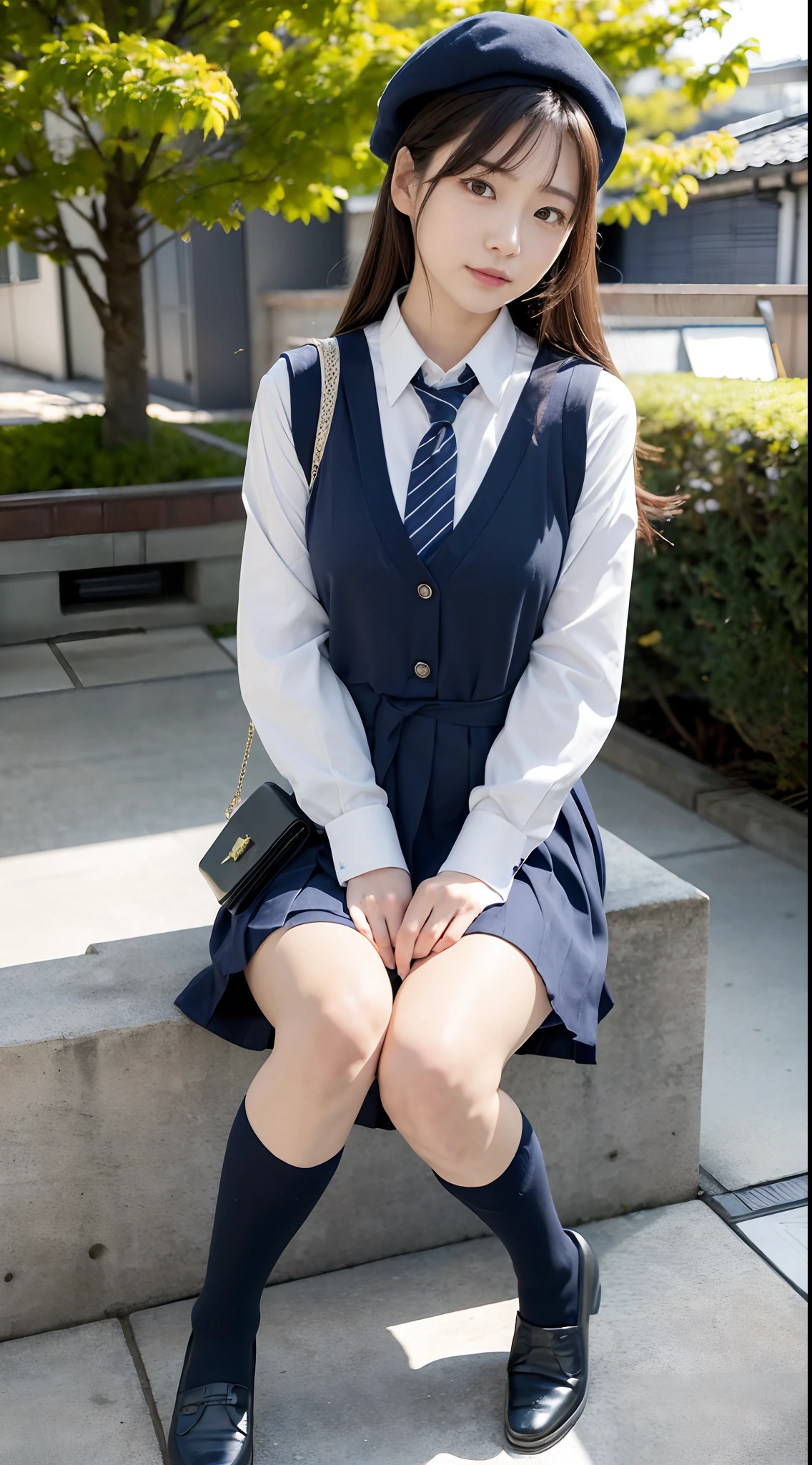 The color of the panties is white、Spread your legs、Navy blue pleated skirt、Bun Hair、smile、White panties、Run-6500-v1.1, (RAW Photos:1.2), (Photorealistic), (Genuine:1.4), Elegant elite girl sitting with knees apart on a park bench, Japanese を着て,((Sit with your legs apart))、((not wear underwear))、 Japanese girl in uniform, Japanese , wear a principal&#39;uniform, Young and cute gravure idol, Photos taken in 2020, Dressed like a high school girl, wear , wear a strict business suit, Young and skinny gravure idol, seifuku　　　　　　　Run-6500-v1.1, (RAW Photos:1.2), (Photorealistic), Beautiful detailed girl, Sit on a bench with your knees apart、(Genuine: 1.4), Very detailed目と顔, ((Japanese school uniform:1.2))、((City of night:1.2)), Self Snap, instagramart、game_Hmph, Large file size, High resolution, Very detailed, highest quality, [masterpiece:1.6], Awareness-raising, Very detailed, Hmph, finely, highest quality, 8k wallpaper, Cinema Lighting, 1 girl, 17 years old, Perfect figure, Cute droopy eyes、Beautiful big eyes、Pick finger, ((Tabletop)), highest quality, 1 girl, eye shadow, Portraiture, ((Full Body Shot:1.4))、(A very affectionate smile:1.2)、Realistic skin texture、Shiny skin、Exposed thighs!!!、not wear underwear