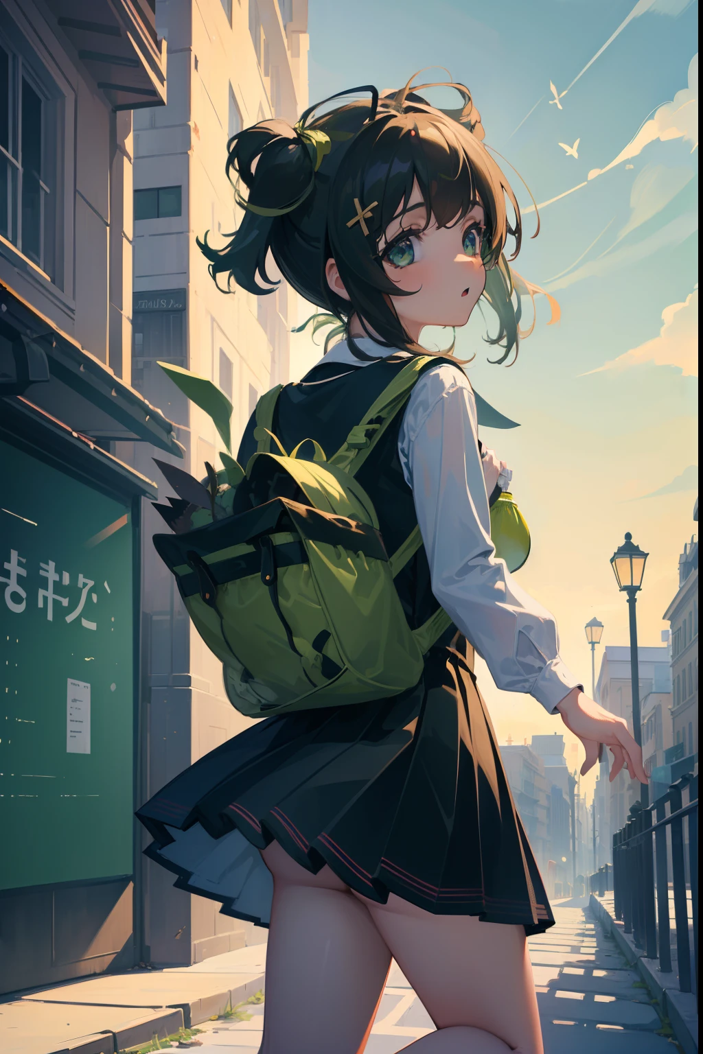 (masterpiece:1.3),(absurdres:1.3), (best quality:1.3), (ultra-detailed:1.3),(best shadow:0.7),(expressive eyes), 1girl, running, catching bus, from behind, loli, petite, cute, kindergarten school, ((green school bag)), cheerful, ((cityscape)),