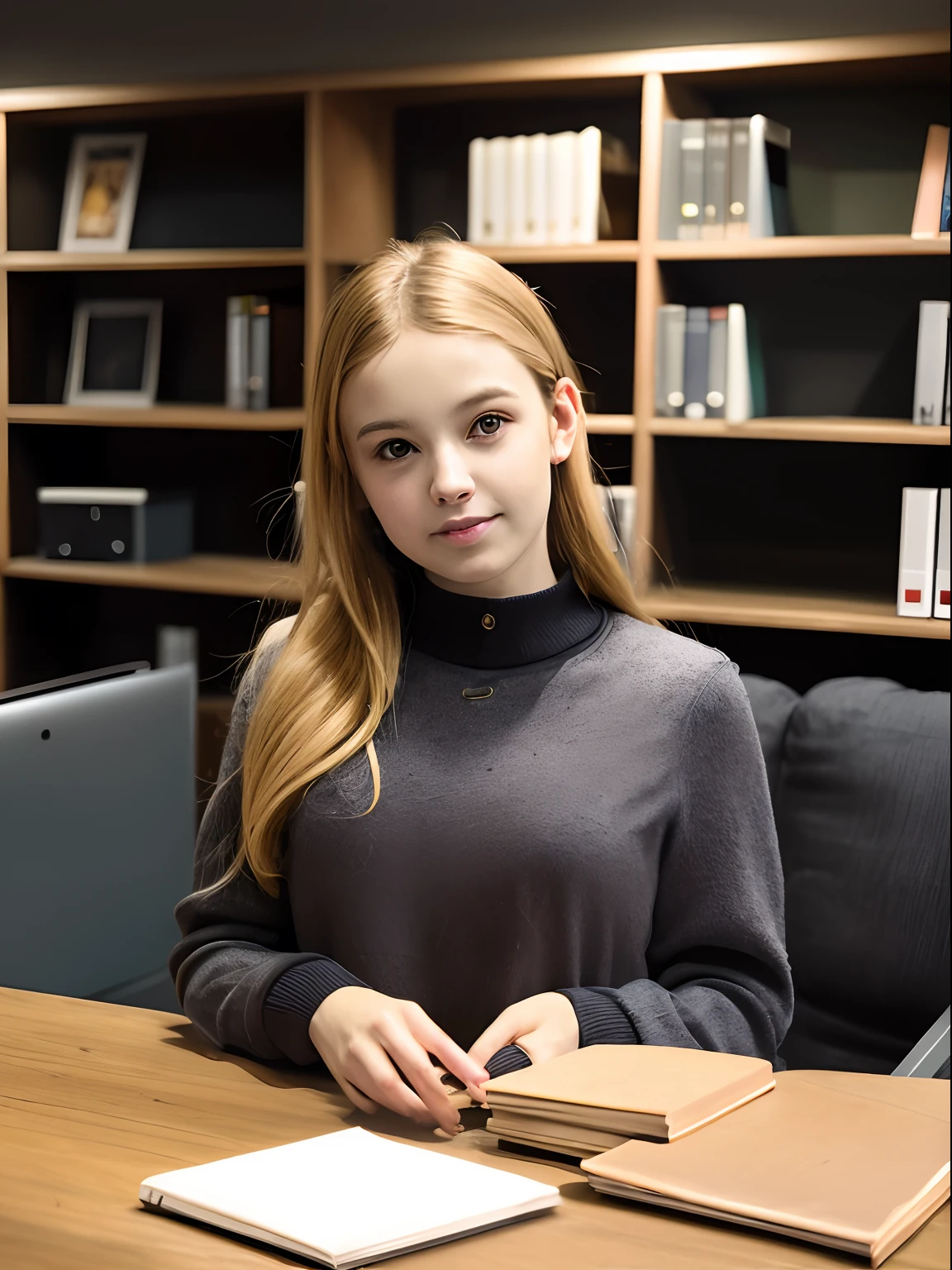 FREEZE FRAME OF THE MOVIE 22--old e beautiful perfect girl petit t, She'ppy, Very beautiful Russian, in the FURNISHED OFFICE, a table, Sofa, shelves with books, (Dark private office, Dark and gloomy light: 1.2)