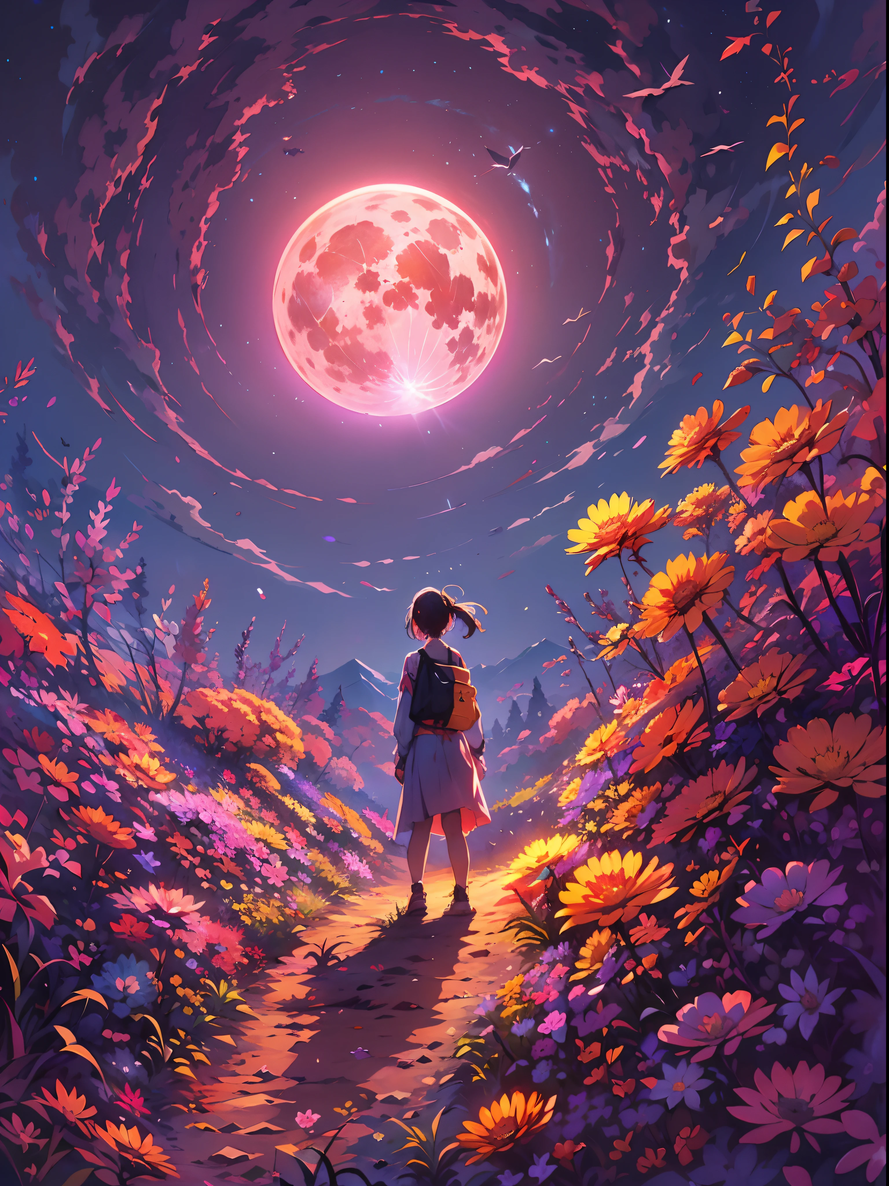 A wide landscape photo, (viewed from below, the sky is above, and the open field is below), a girl standing on a flower field looking up, (full moon: 1.2), (meteor: 0.9), (nebula: 1.3), distant mountains , Trees BREAK Crafting Art, (Warm Light: 1.2), (Firefly: 1.2), Lights, Lots of Purple and Orange, Intricate Details, Volumetric Lighting BREAK (Masterpiece: 1.2), (Best Quality), 4k, Ultra Detailed, (Dynamic Composition: 1.4), Rich in Detail and Color, (Rainbow Color: 1.2), (Glow, Atmospheric Lighting), Dreamy, Magical, (Solo: 1.2)