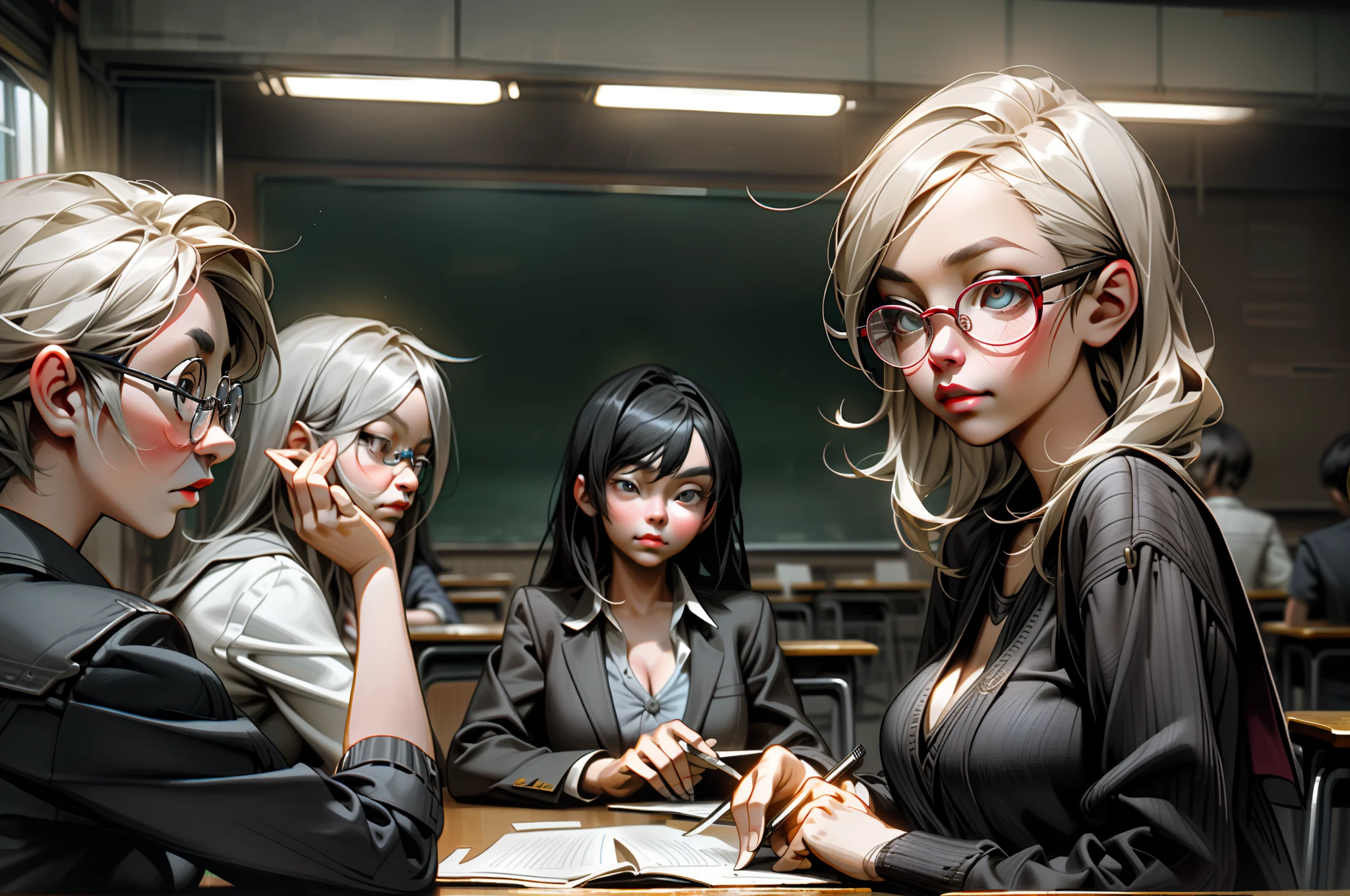 In the classroom,A group of students gathered around the teacher to ask questions,Gray-haired old teacher,Asian people,wears glasses,closeup cleavage,sharp focus on eyes,8K,super-fine,oil painted,Hyper-realistic,best qualtiy