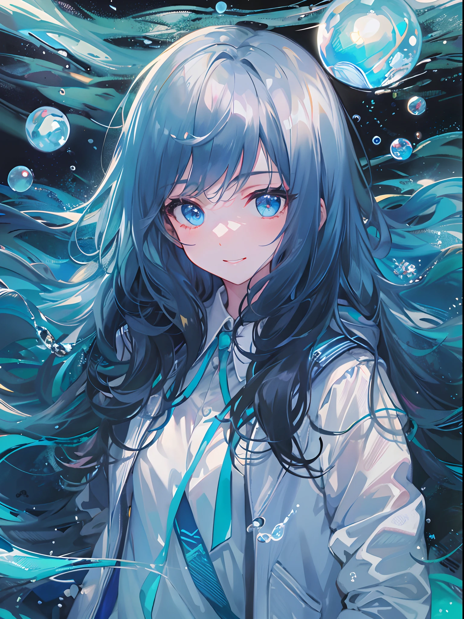 ((top-quality)), ((​masterpiece)), ((ultra-detailliert)), (extremely delicate and beautiful), girl with, 独奏, cold attitude,((Black jacket)),She is very(relax)with  the(Settled down)Looks,A dark-haired, depth of fields,evil smile,Bubble, under the water, Air bubble,bright light blue eyes,Inner color with black hair and light blue tips,Cold background,Bob Hair - Linear Art, a miniskirt、knee high socks、White uniform like school uniform、Light blue ribbon ties、Clothes are sheer、Hands in pockets、Bright eyes like sapphires