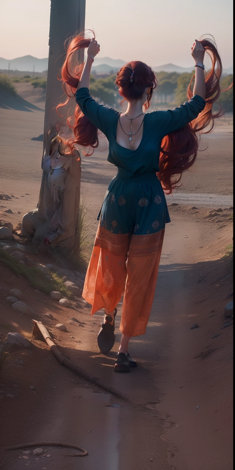 (masterpiece, best quality), 1girl, collarbone, wavy hair, looking at viewer, blurry foreground, upper body, necklace, contemporary, plain pants, ((intricate, print, pattern)), ponytail, freckles, red hair, dappled sunlight, smile, happy,
