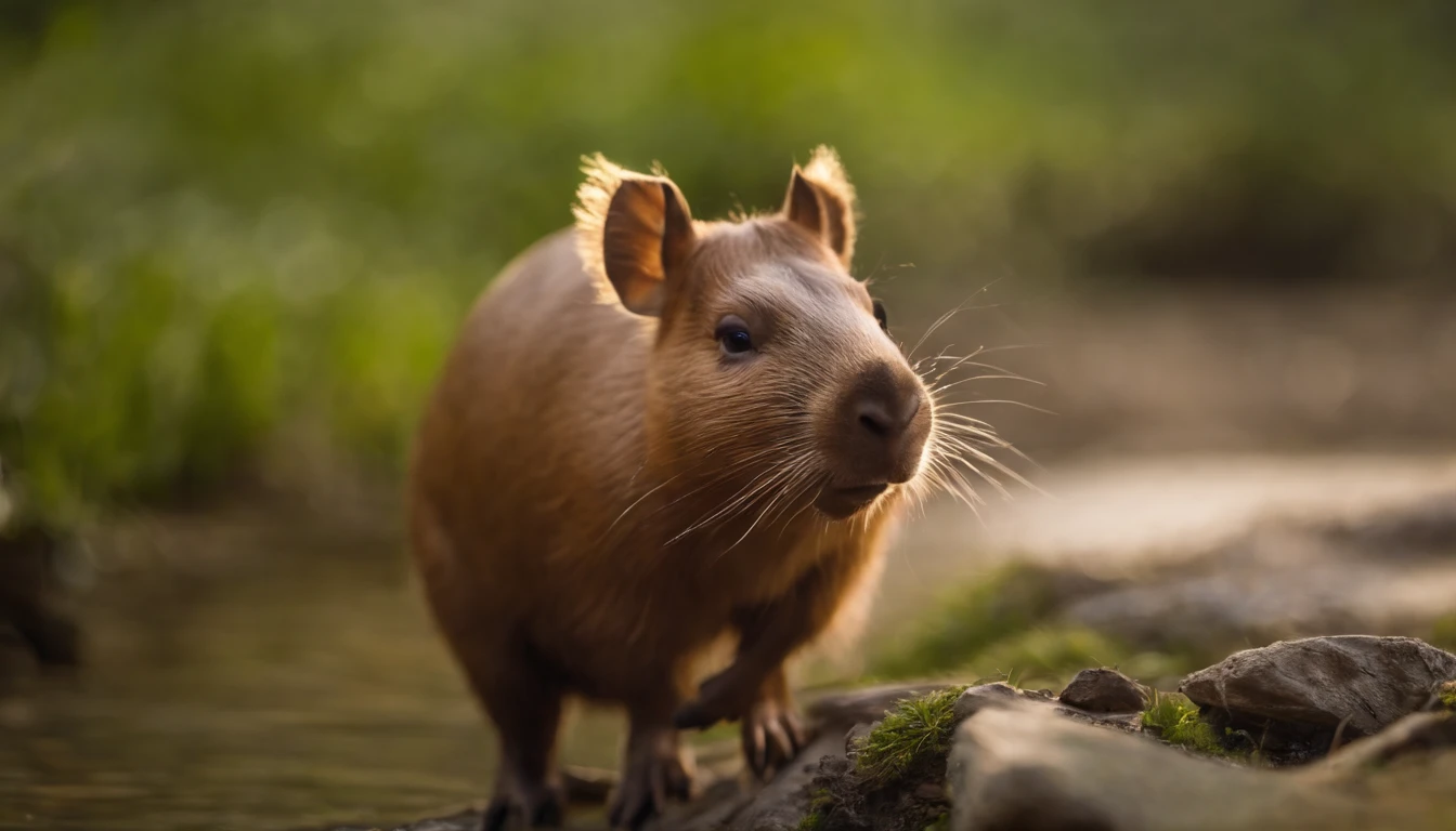 Crie uma capivara triste vagando pelo um rio. toon, rico em detalhes, fofinha, charismatic, estilo disney