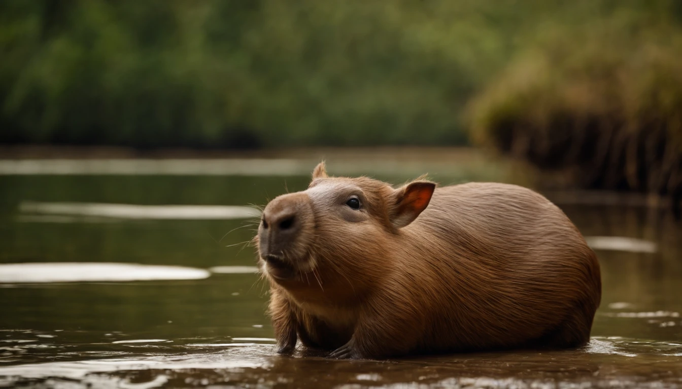 Crie uma capivara triste vagando pelo um rio. toon, rico em detalhes, fofinha, charismatic, estilo disney