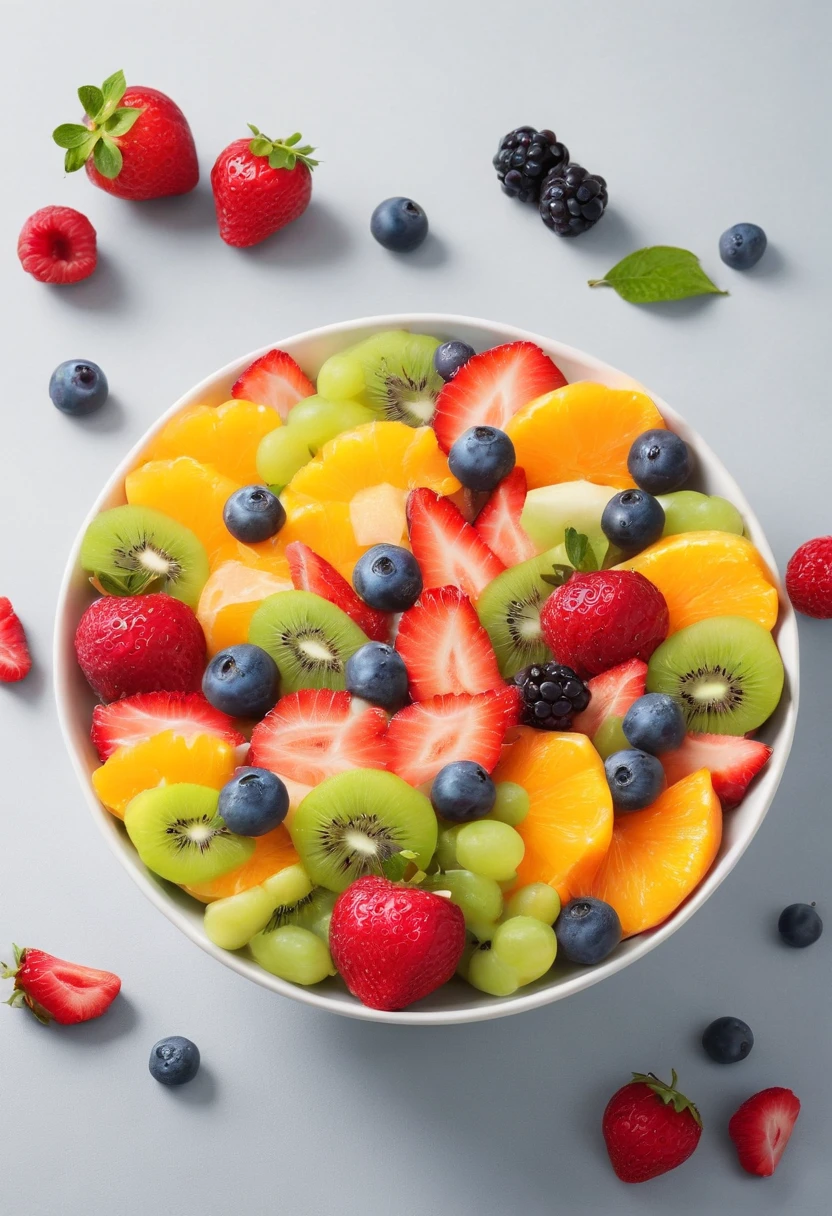 a delicious fruit salad, cinematic, professional photography, studio lighting, studio background, advertising photography, intricate details, hyper-detailed, ultra realistic, 8K UHD, Food Photography