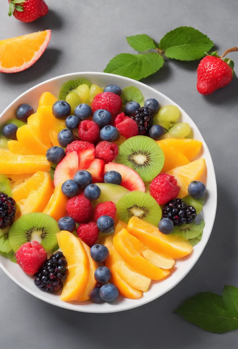 a delicious fruit salad, cinematic, professional photography, studio lighting, studio background, advertising photography, intricate details, hyper-detailed, ultra realistic, 8K UHD, Food Photography