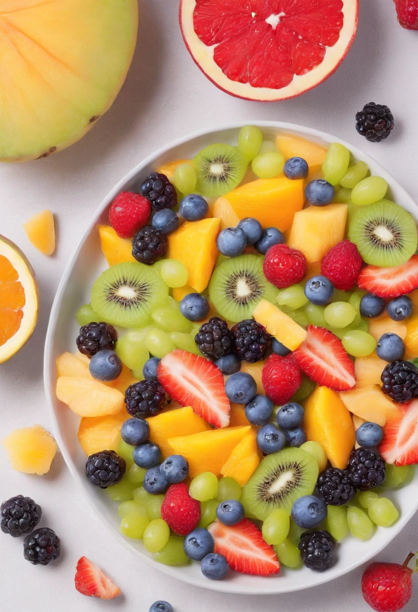 a delicious fruit salad, cinematic, professional photography, studio lighting, studio background, advertising photography, intricate details, hyper-detailed, ultra realistic, 8K UHD, Food Photography