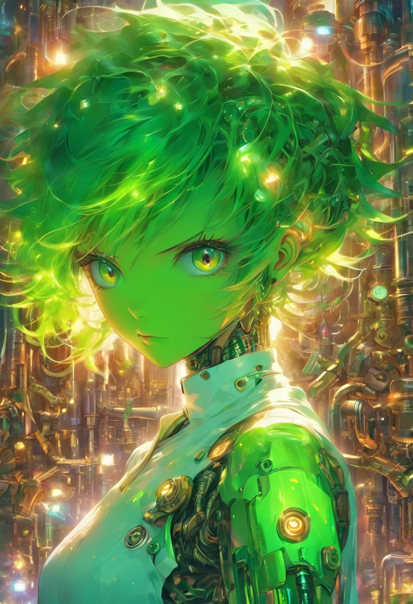 Bobcut, green hair, lab coat, pov, steampunk, color: white/green, face retouch, lab, robot suit, skin-chrome, detailed, anime cosplay, cyber augmented, skin color-silver, slender bodysuit