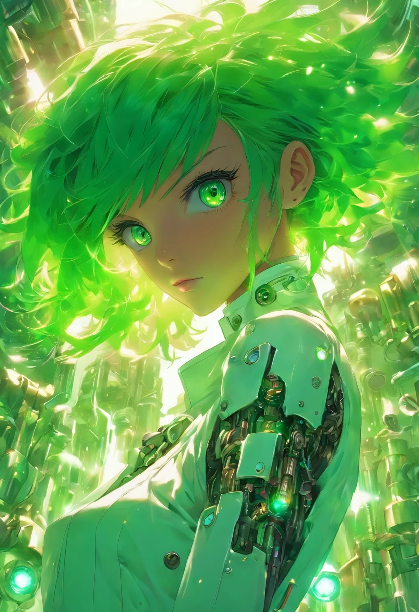 Bobcut, green hair, lab coat, pov, steampunk, color: white/green, face retouch, lab, robot suit, skin-chrome, detailed, anime cosplay, cyber augmented, skin color-silver, slender bodysuit