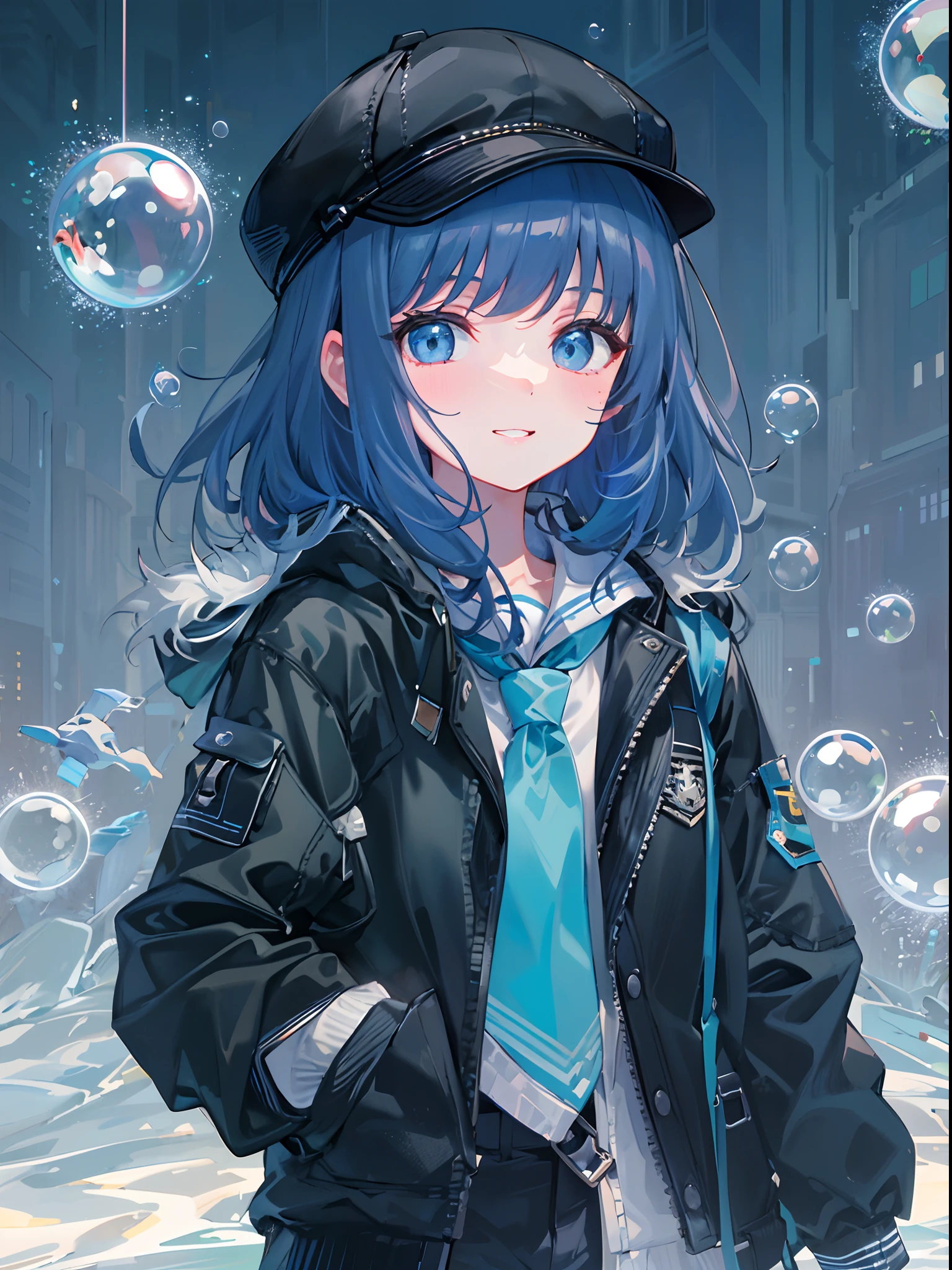 ((top-quality)), ((masterpiece)), ((ultra-detailliert)), (extremely delicate and beautiful), girl with, 独奏, cold attitude,((Black jacket)),She is very(relax)with the(Settled down)Looks,A dark-haired, depth of fields,evil smile,Bubble, under the water, Air bubble,bright light blue eyes,Inner color with black hair and light blue tips,Cold background,Bob Hair - Linear Art, shortpants、knee high socks、White uniform like school uniform、Light blue ribbon ties、Clothes are sheer、Hands in pockets、Bright eyes like sapphires